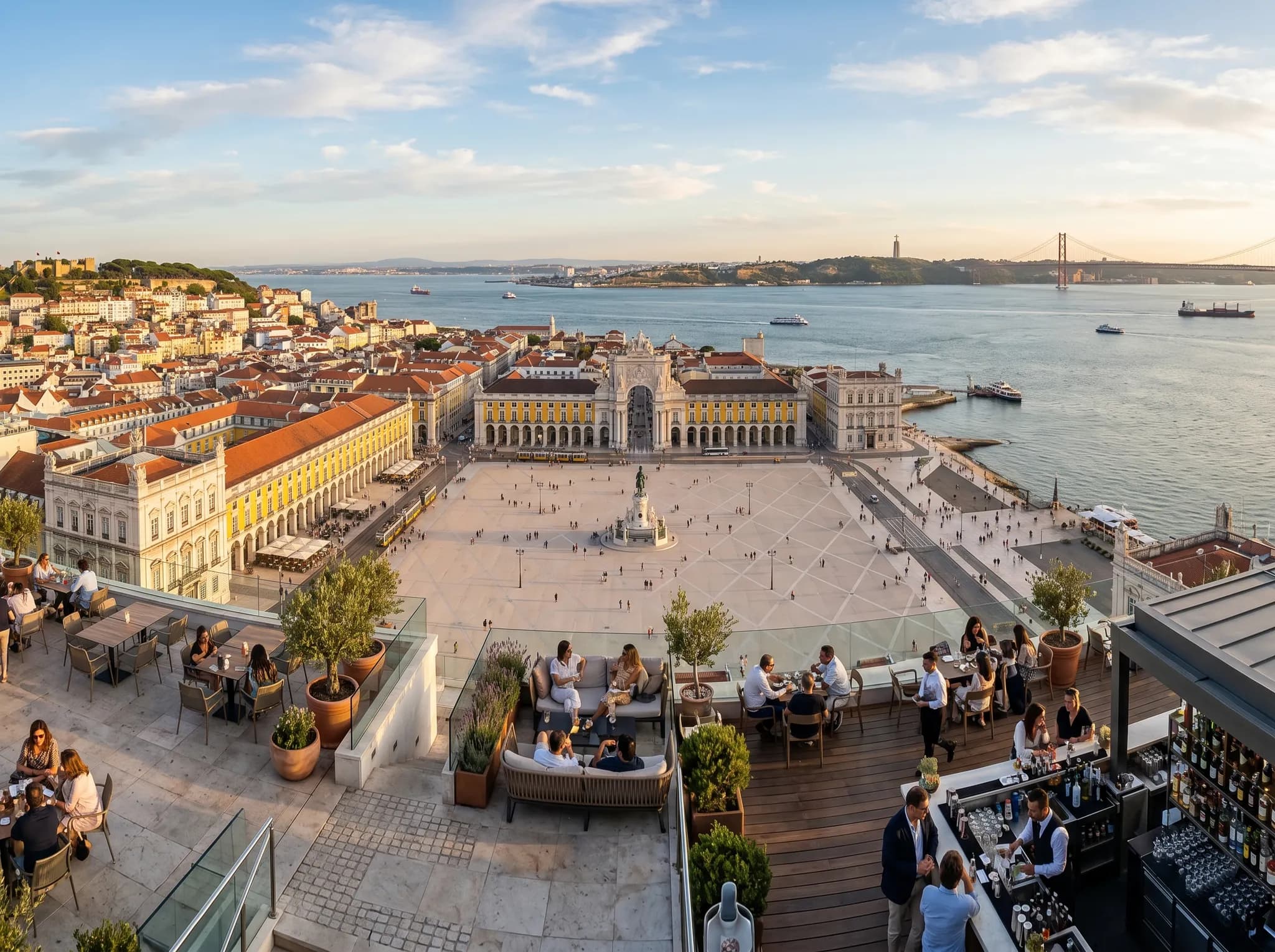 360-degree panoramic view from rooftop terrace showing Praça do Comércio and Tagus River