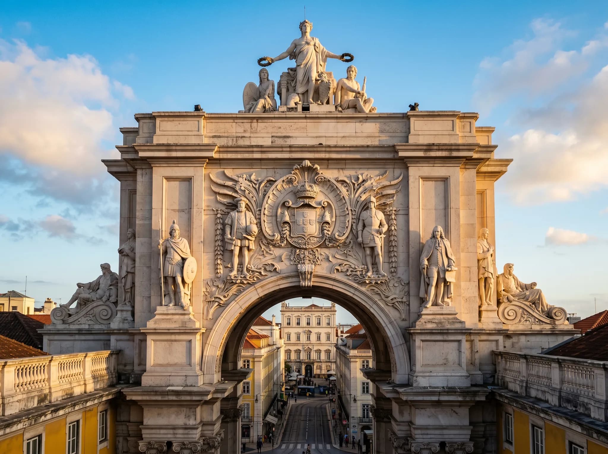 Four colossal statues of Portuguese heroes on the arch facade