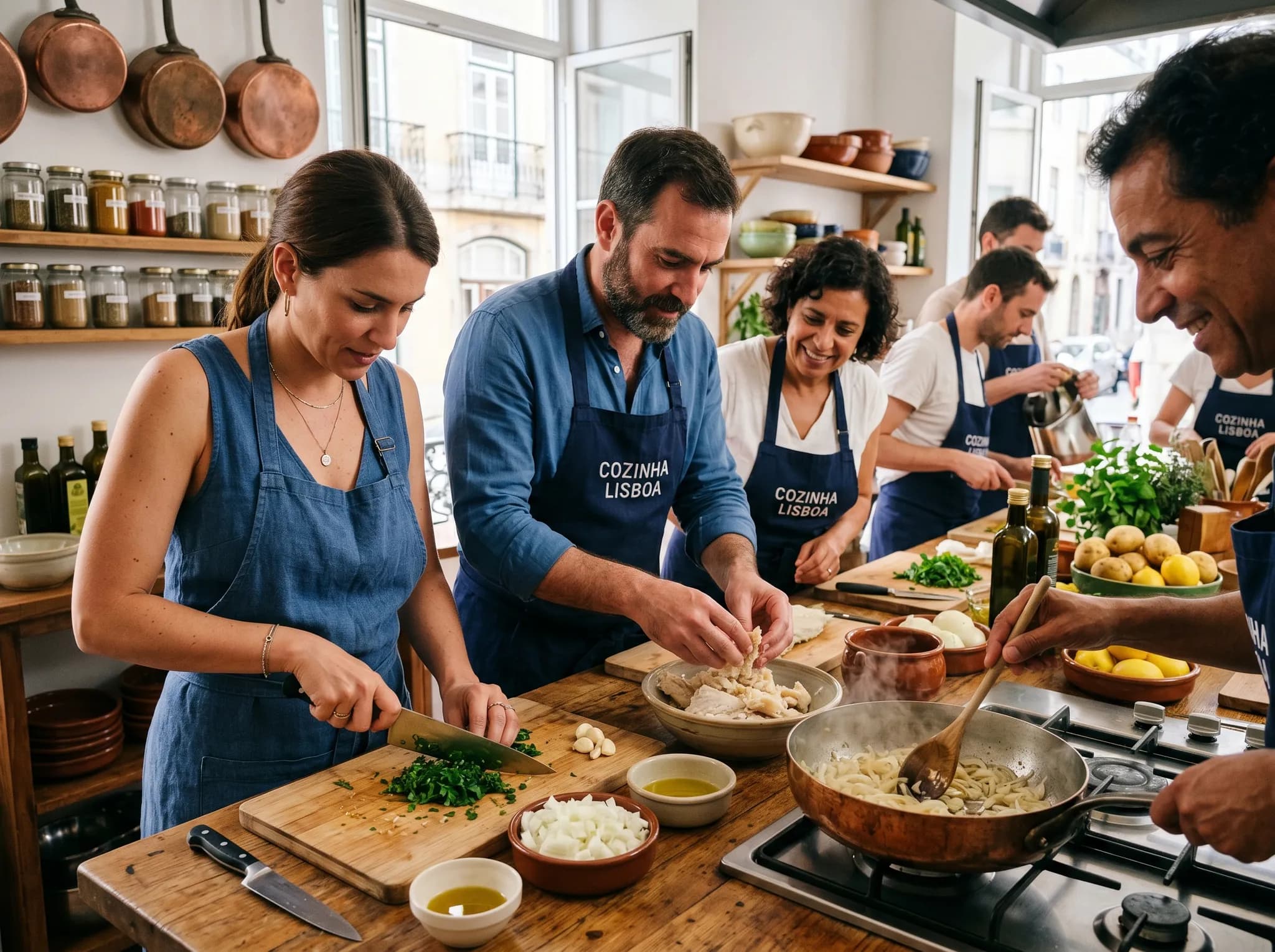 Cooking class participants preparing ingredients
