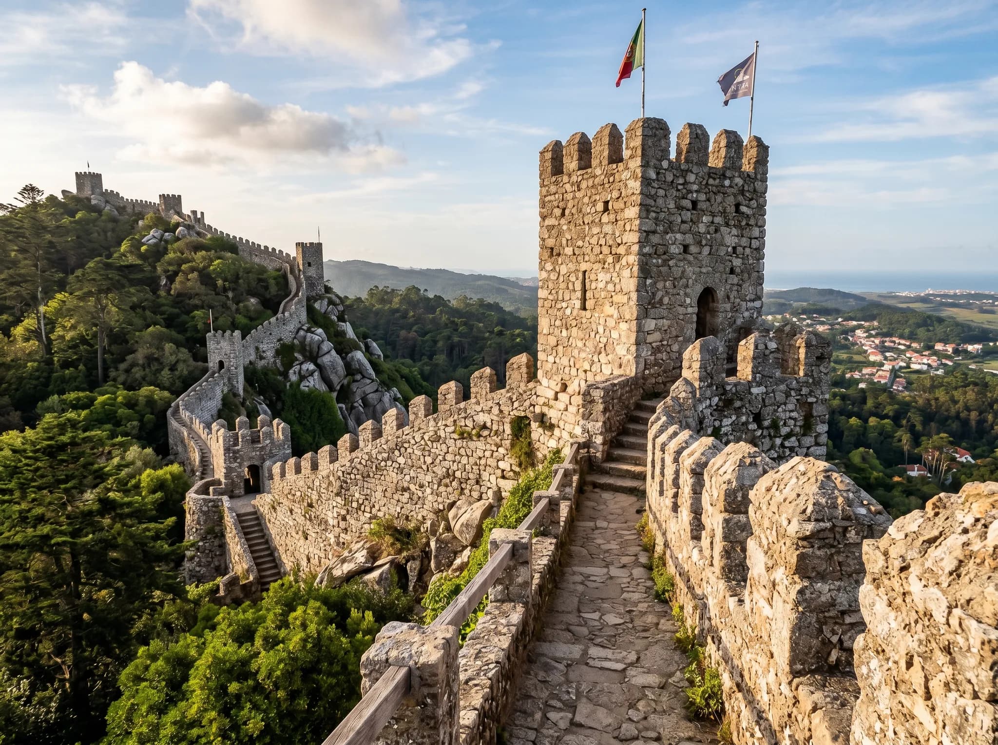 Ancient stone tower and crenellated walls