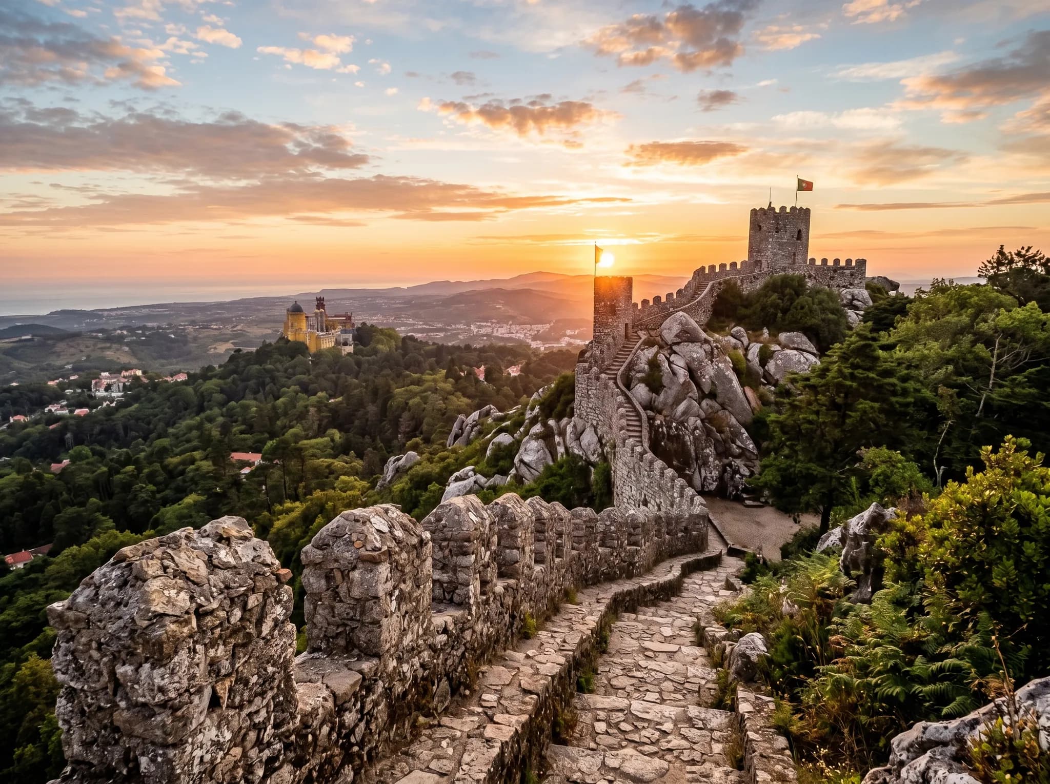 Sunset over castle ruins and Sintra mountains