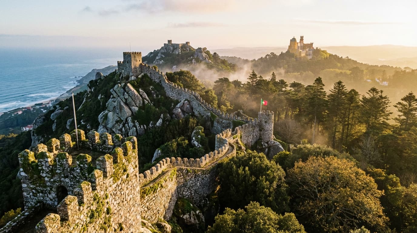 Medieval battlements of Castelo dos Mouros snaking across Sintra mountain ridge