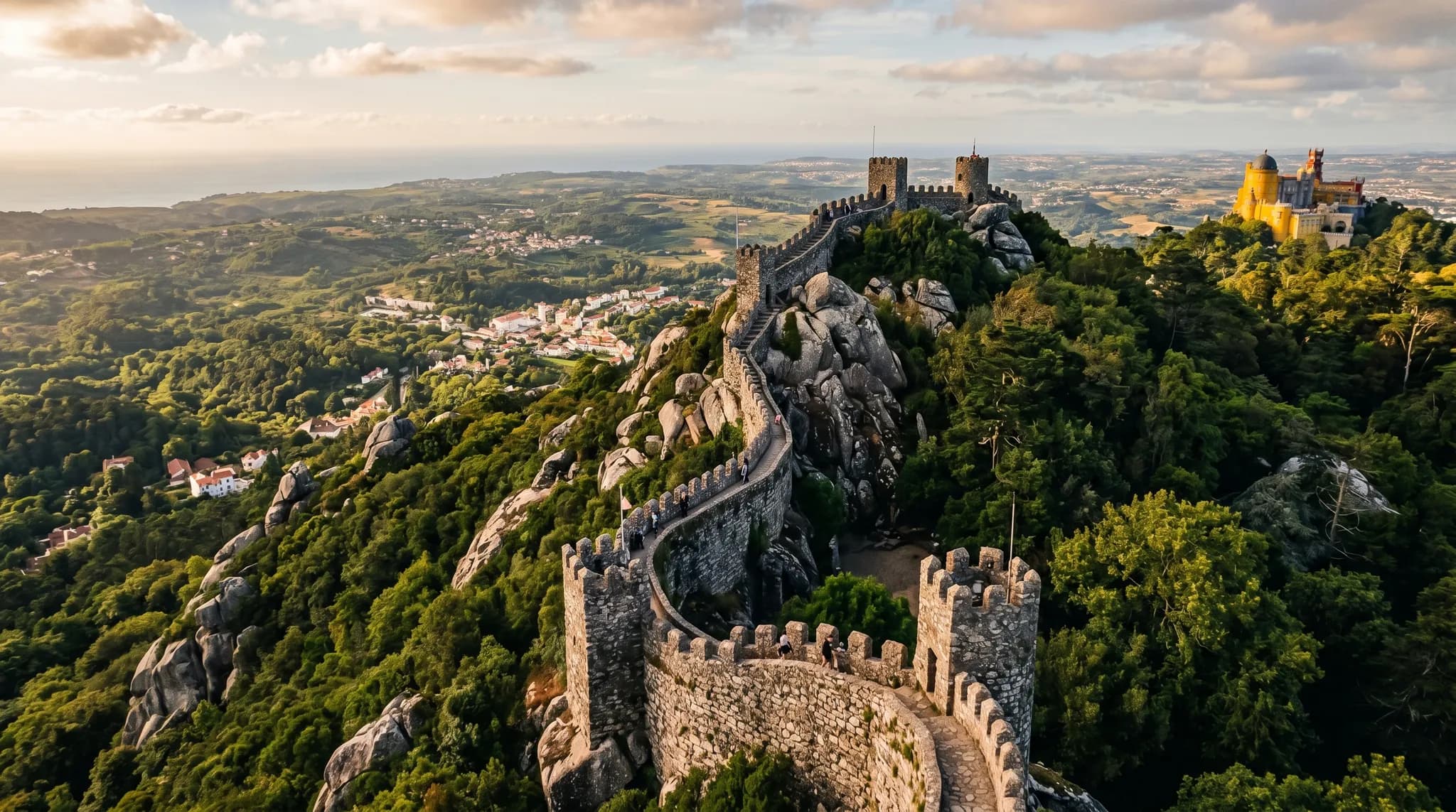 Medieval battlements of Castelo dos Mouros snaking across Sintra mountain ridge