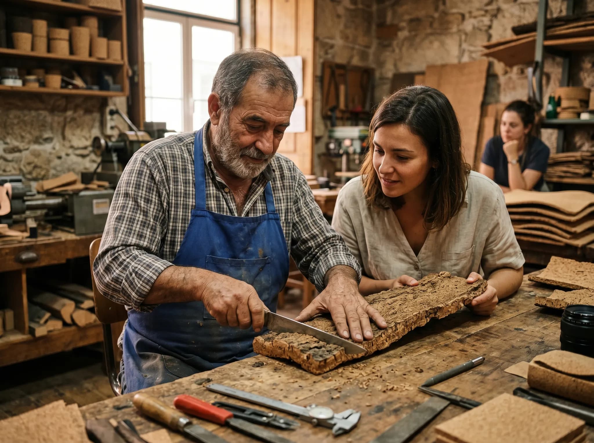 Artisan demonstrating cork cutting techniques