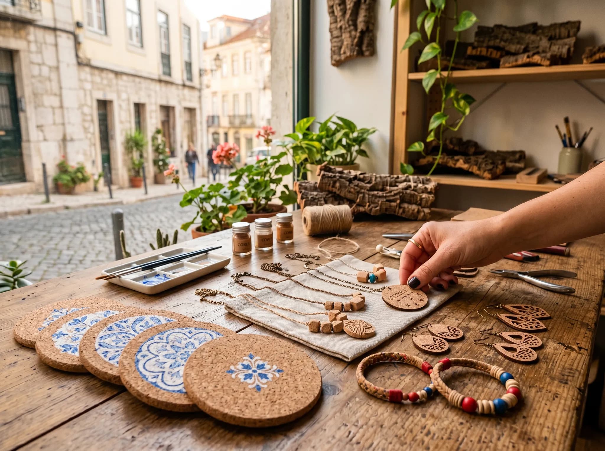 Handmade cork coasters and jewelry creations