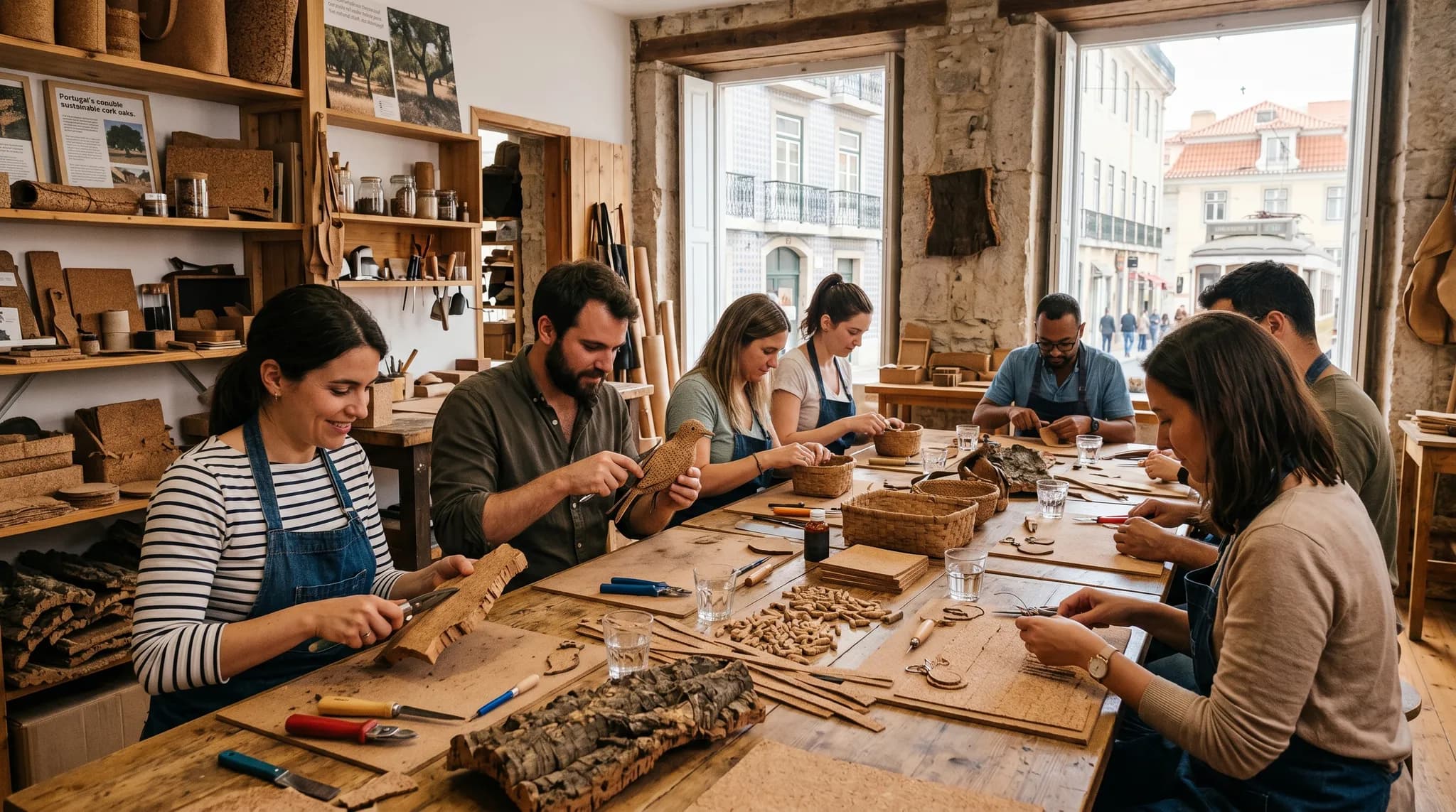 Participants creating cork crafts in Lisbon workshop