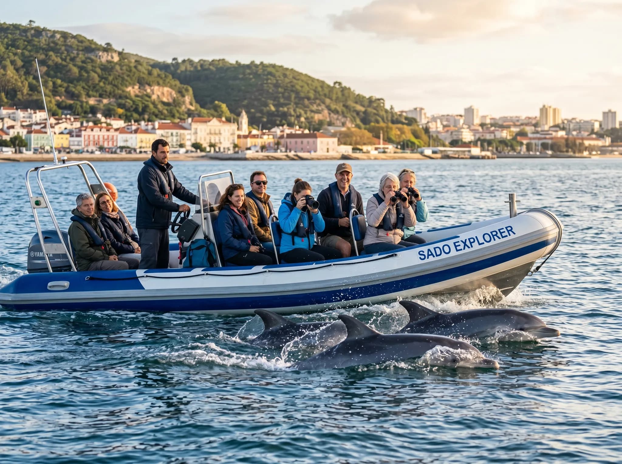 Tour boat with passengers observing dolphins