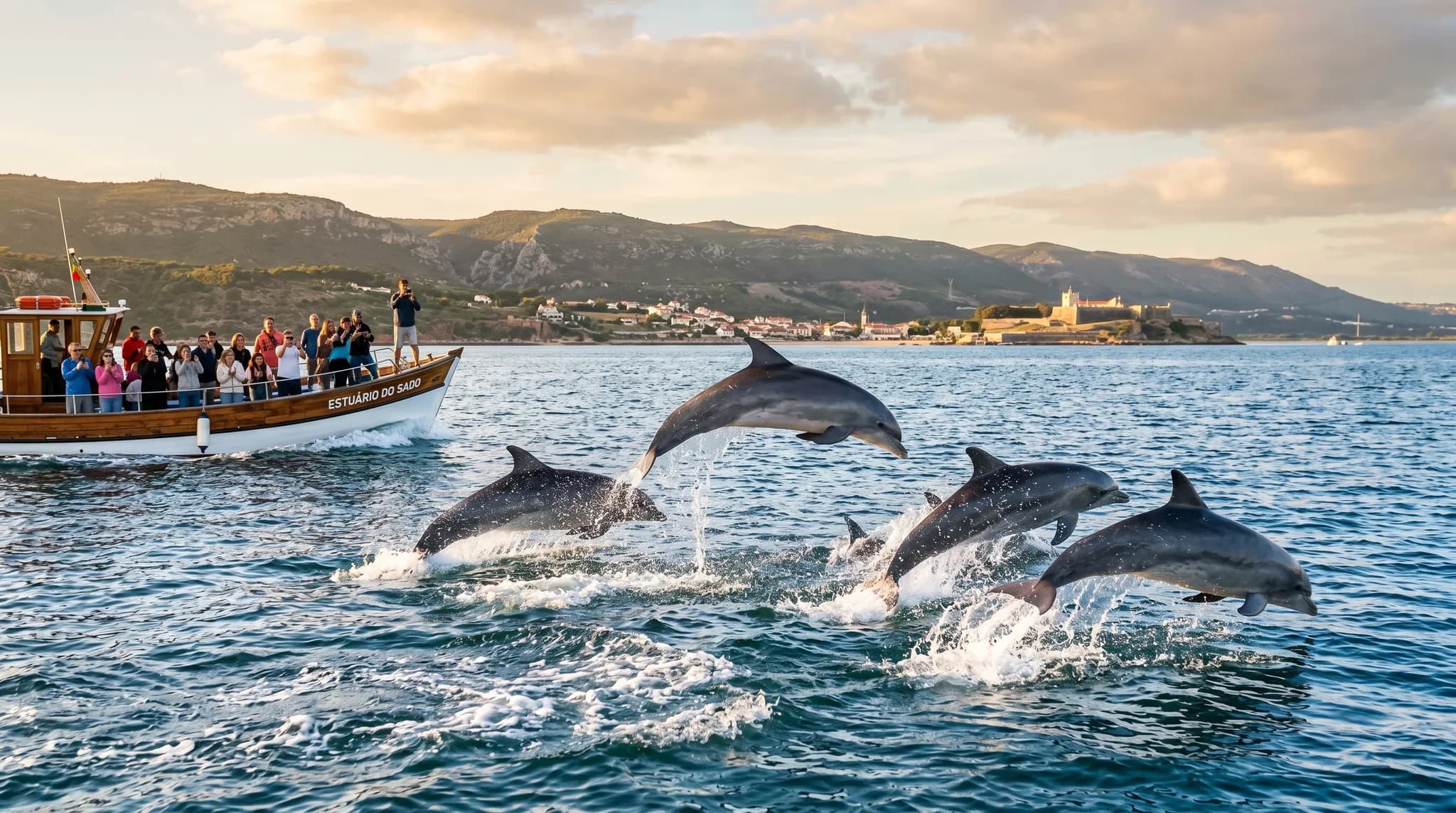 Bottlenose dolphins jumping in Sado Estuary waters