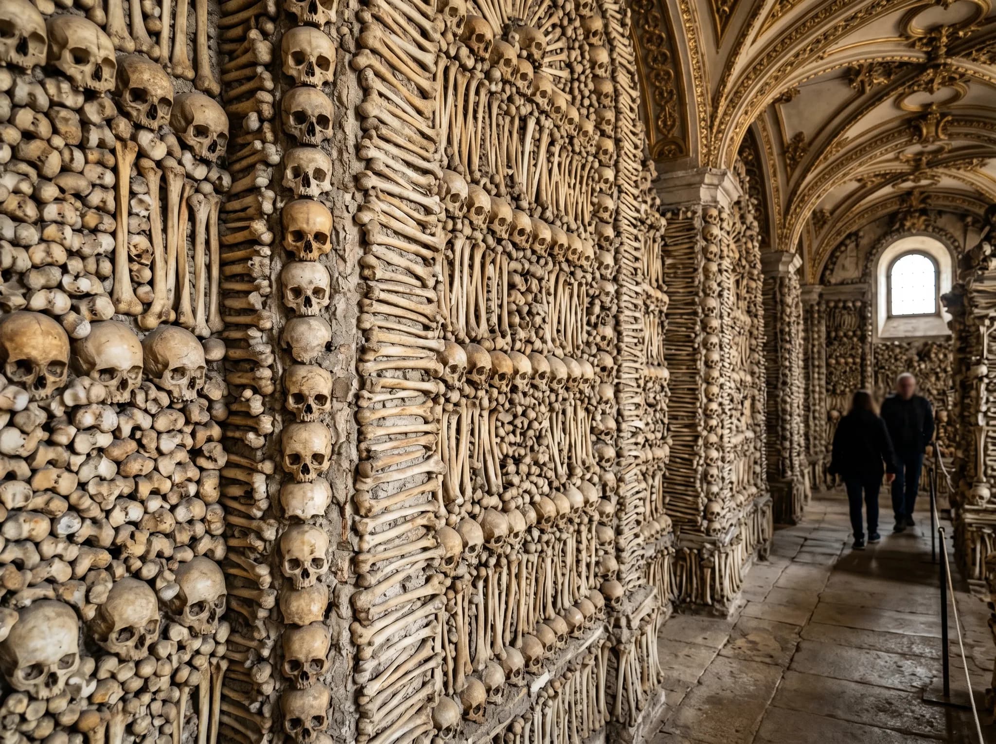 Capela dos Ossos interior with walls covered in human bones and skulls