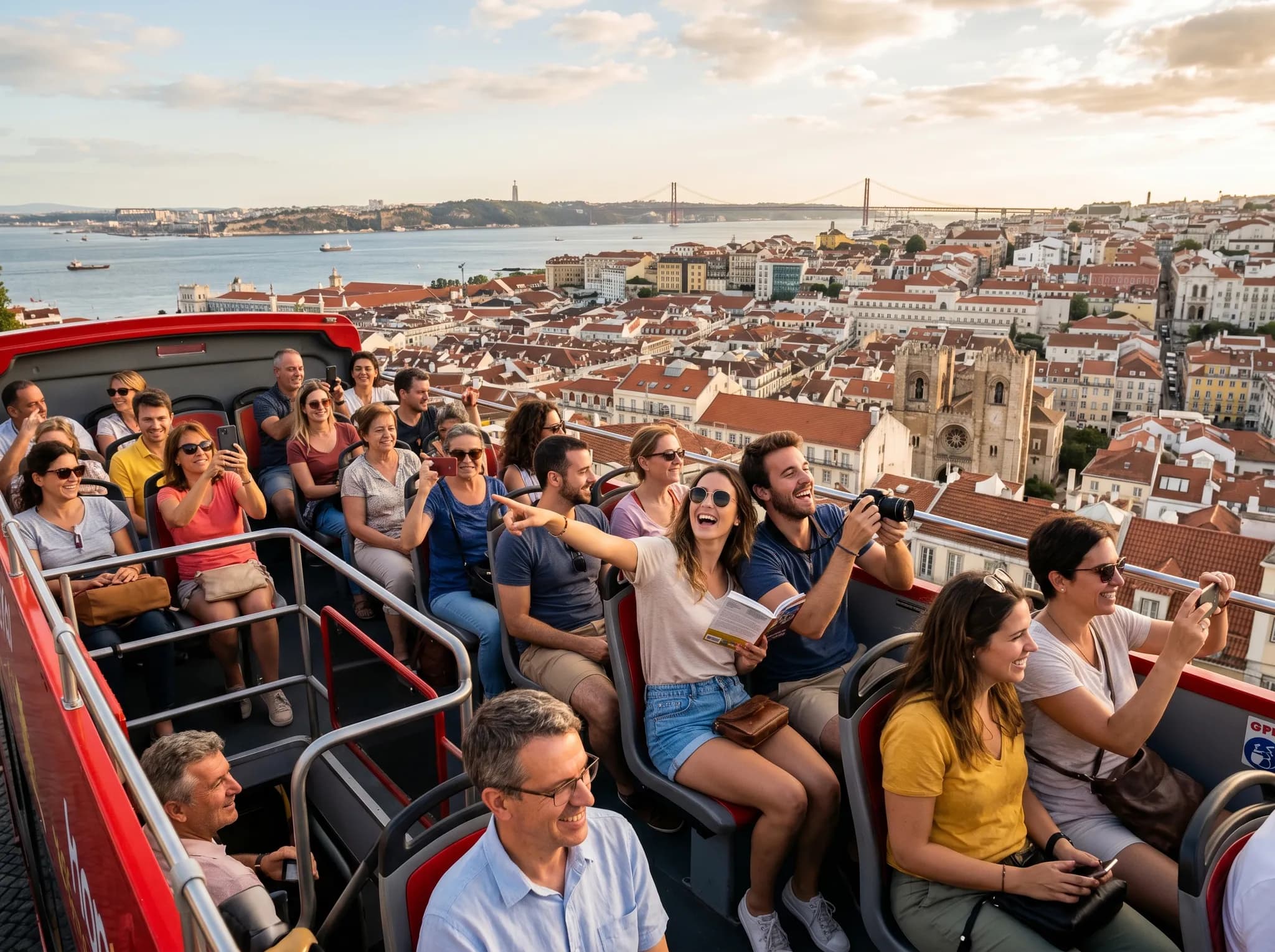 Passengers enjoying panoramic views from upper deck of sightseeing bus