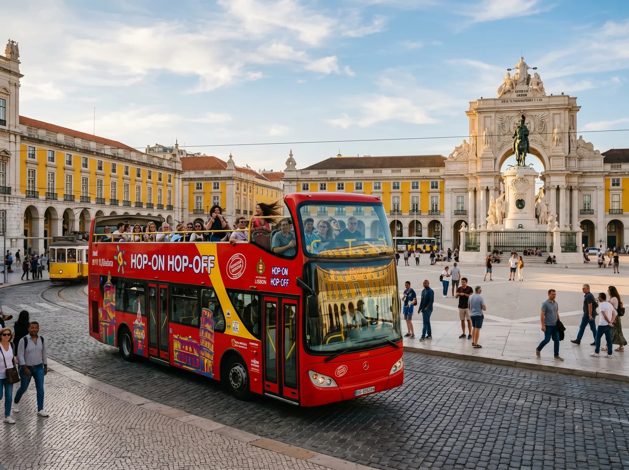 Hop-on hop-off bus passing through Praça do Comércio