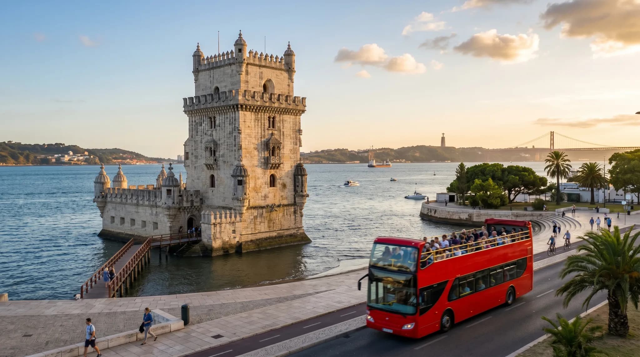 Red City Sightseeing double-decker bus with open top in front of Belém Tower
