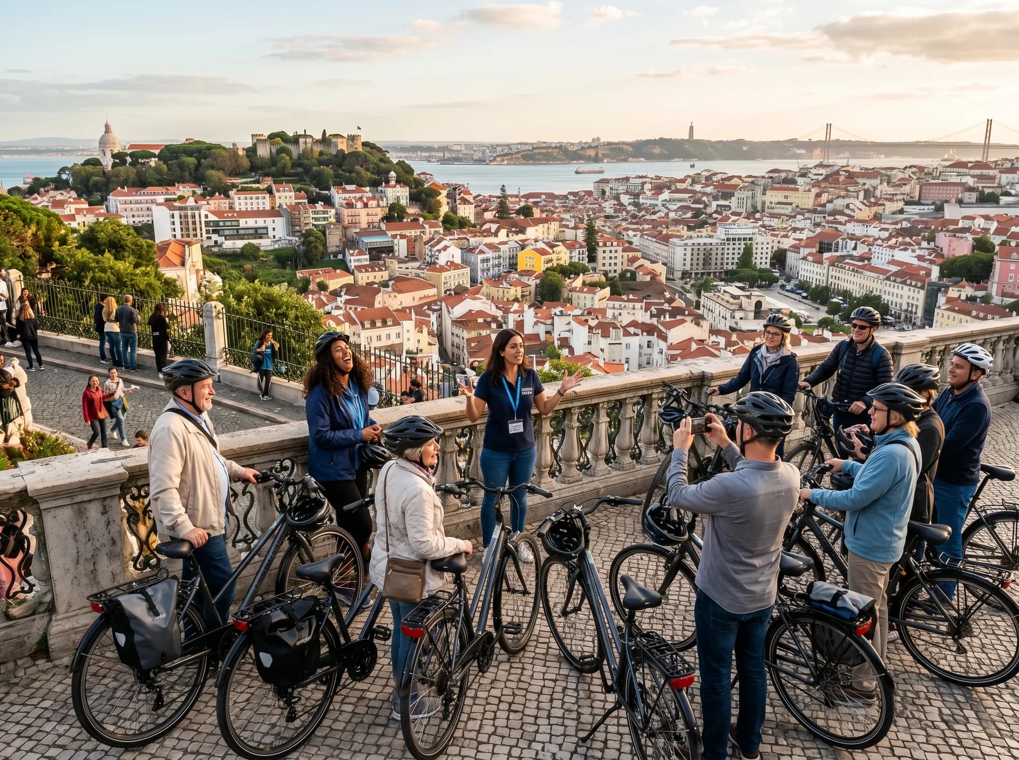 Tour group at Miradouro viewpoint overlooking Lisbon