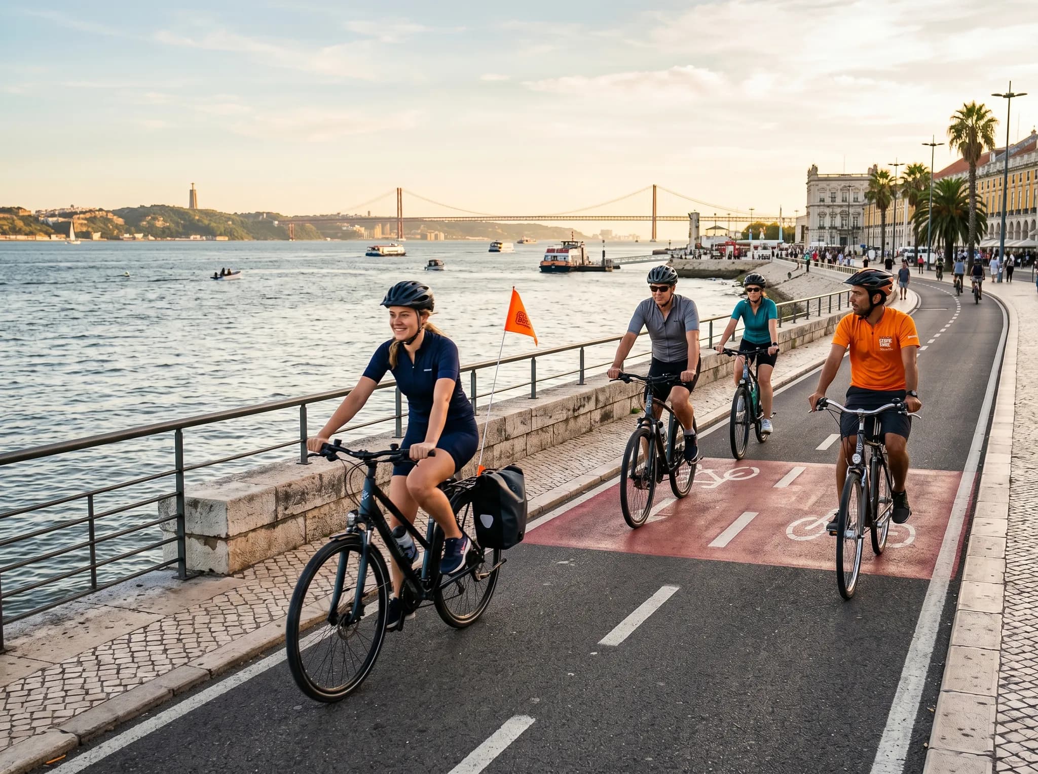 Cyclists on Tagus River waterfront bike path