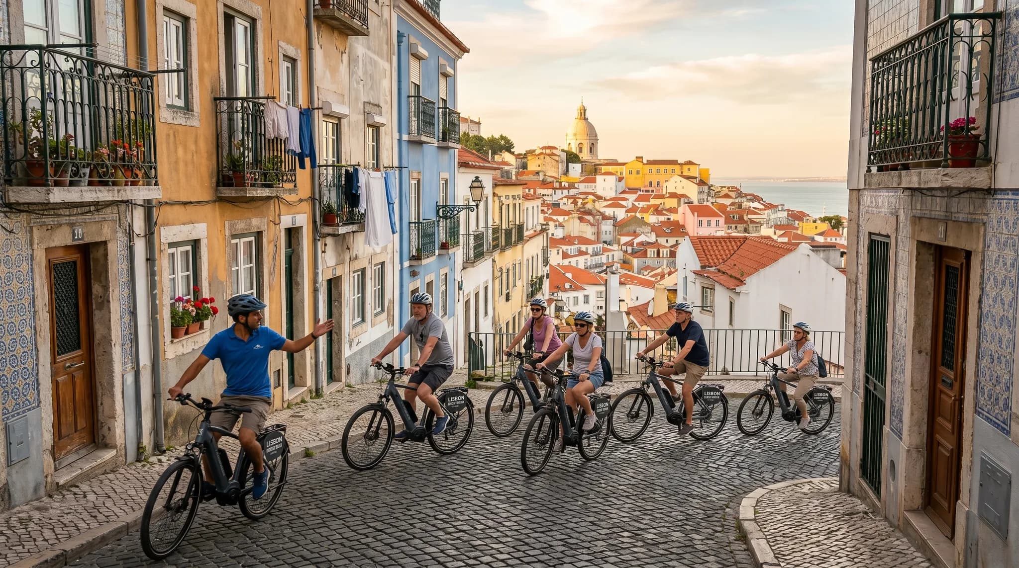 Cyclists riding e-bikes through historic Alfama neighborhood
