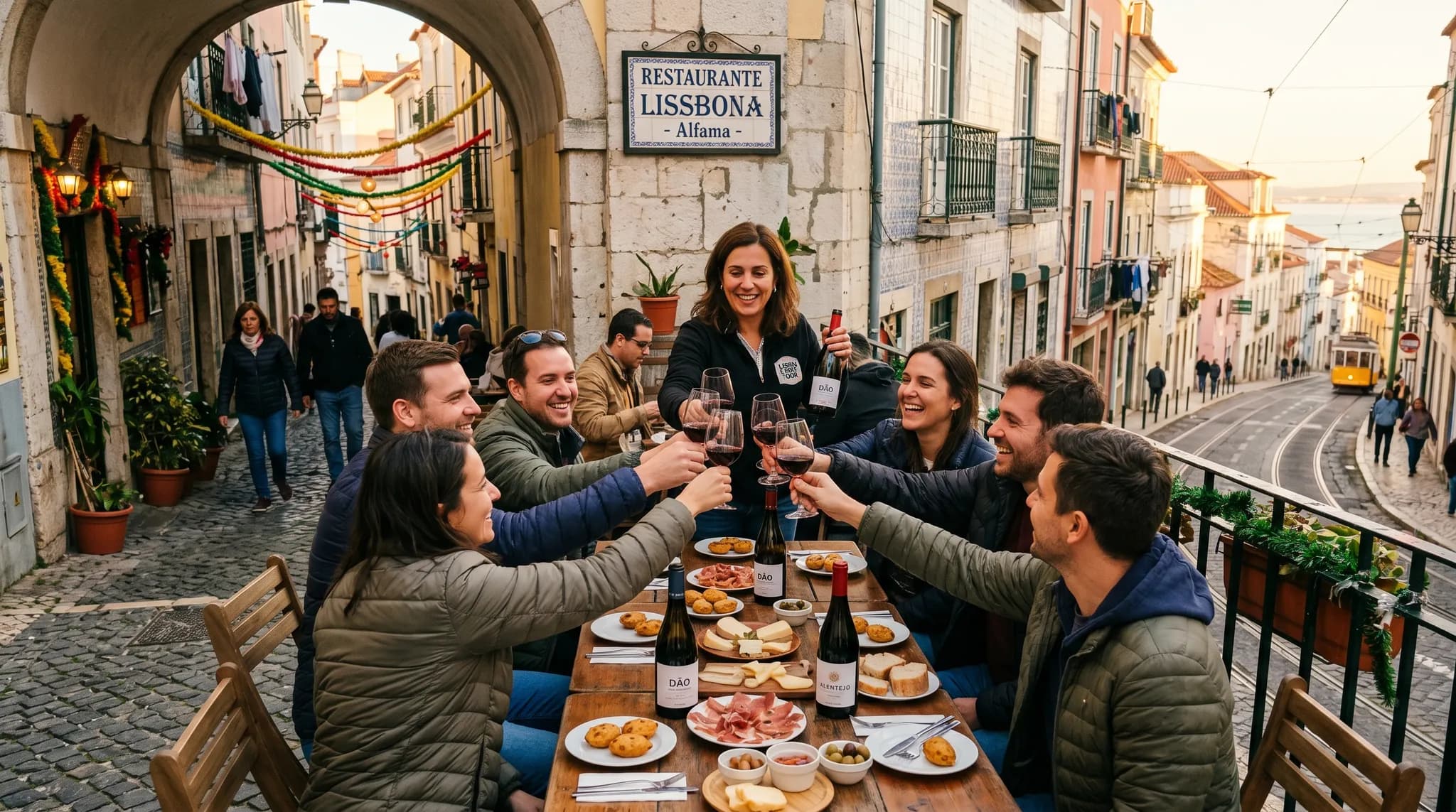 Group toasting with Portuguese wine on Lisbon food tour