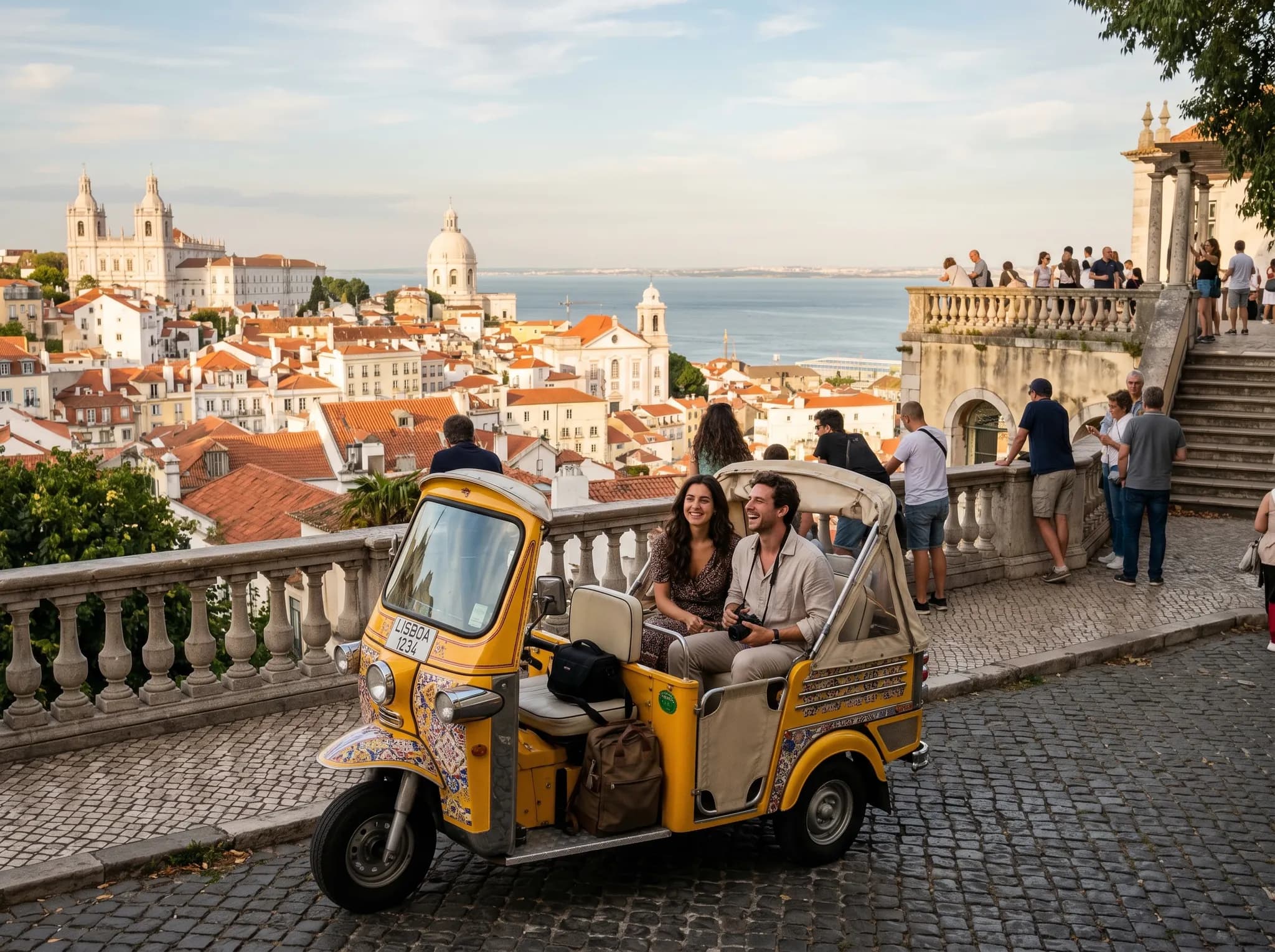 Tuk-tuk at panoramic Portas do Sol viewpoint overlooking Alfama