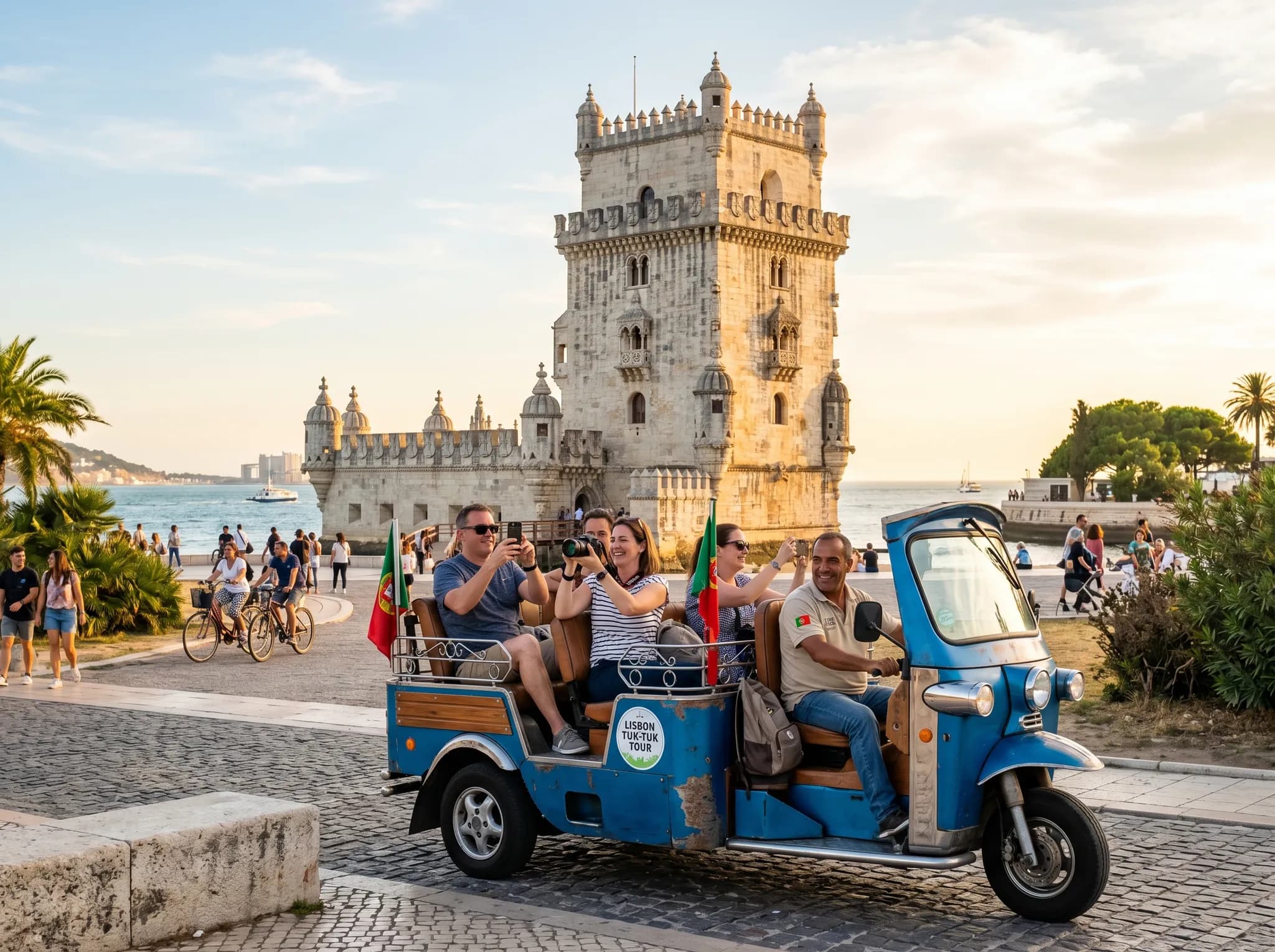 Tuk-tuk passing Belém Tower with passengers taking photos