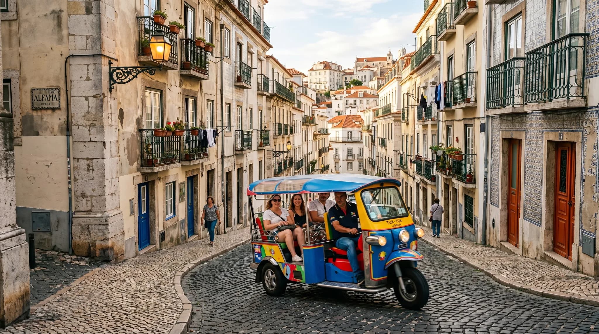 Colorful tuk-tuk navigating narrow cobblestone street in Alfama neighborhood