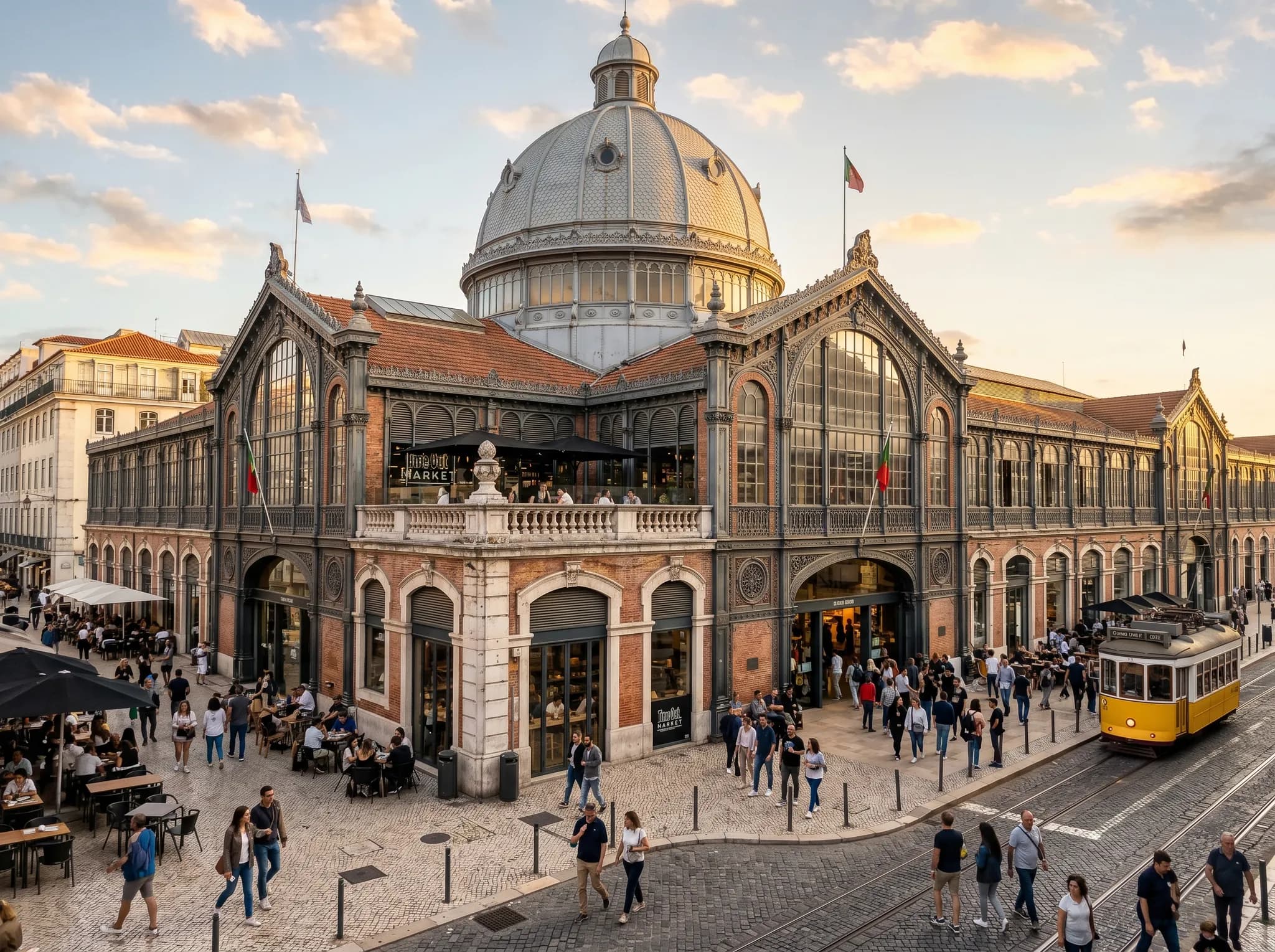 Historic Mercado da Ribeira exterior with grand dome and 19th-century architecture