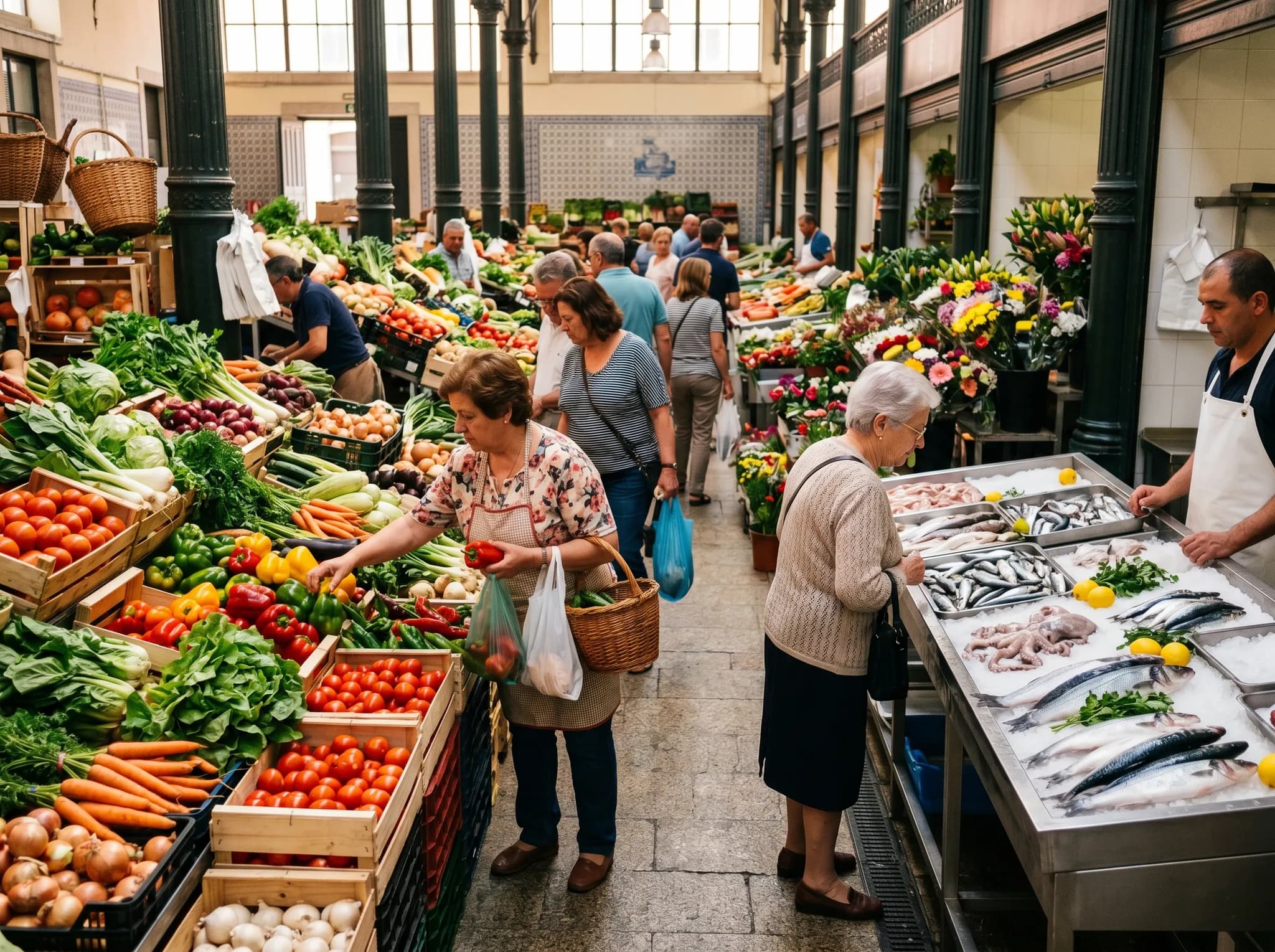 Traditional morning market section with fresh fish and produce vendors