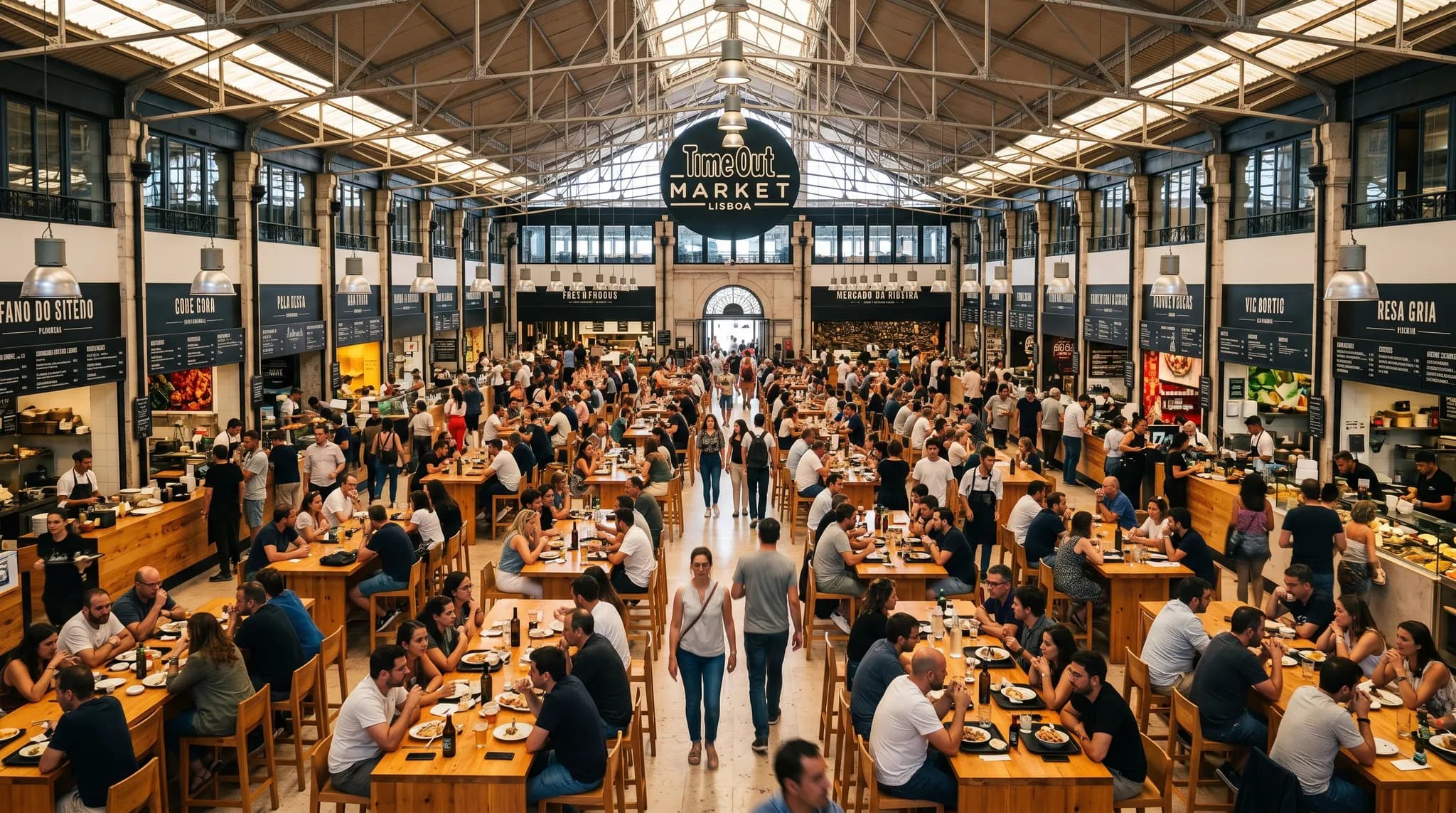 Bustling Time Out Market Lisboa food hall with communal tables and diverse food stalls