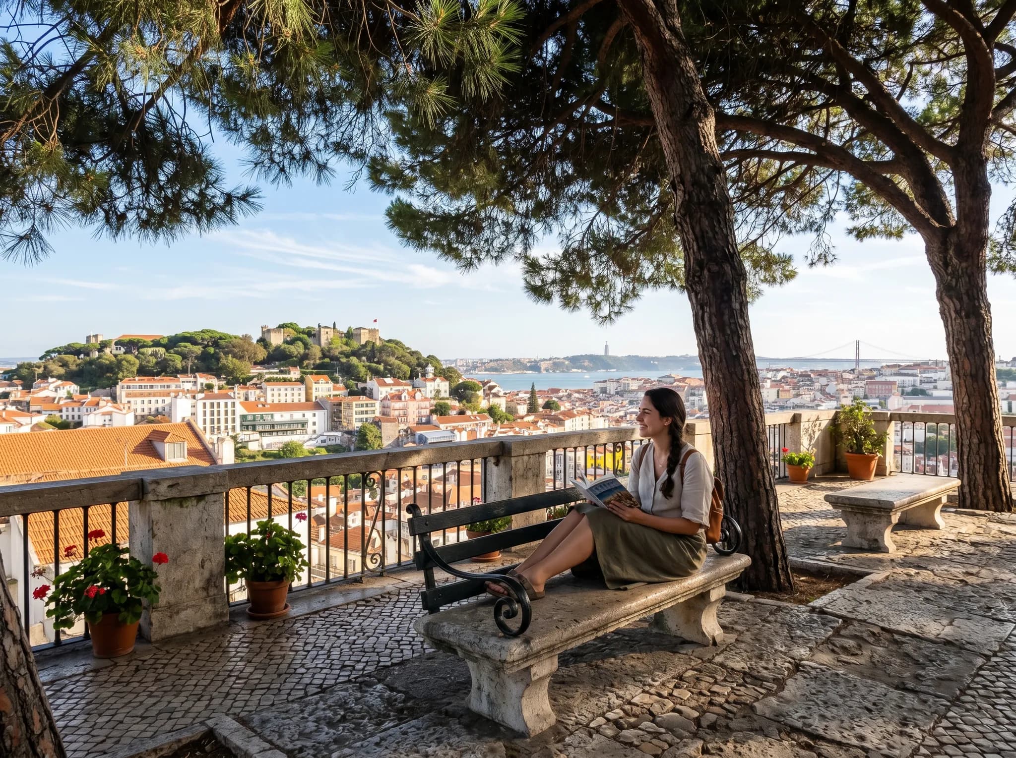 Pine tree shaded terrace at Miradouro da Graça with stone benches