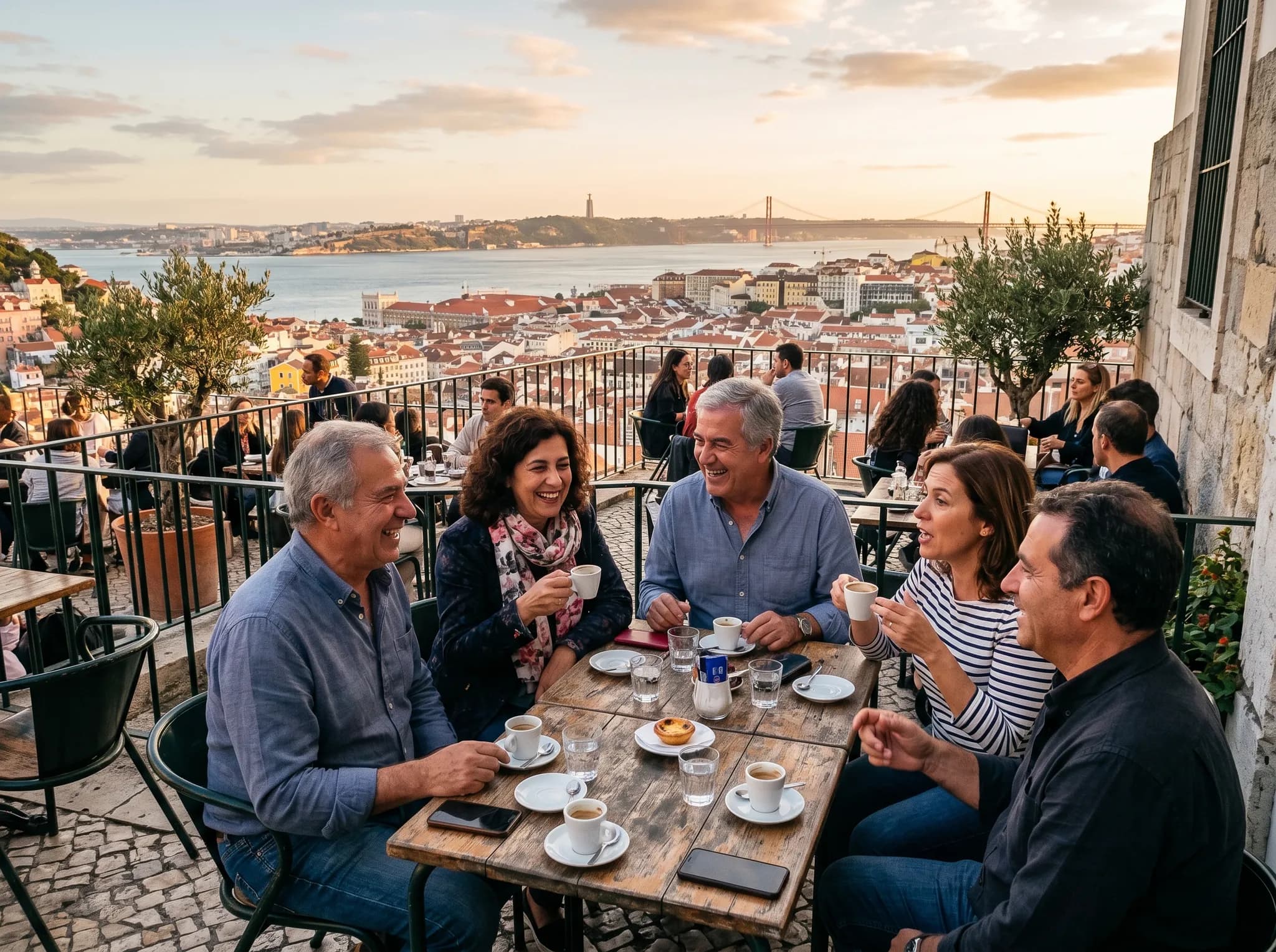 Locals enjoying coffee at Esplanada da Graça café with city views