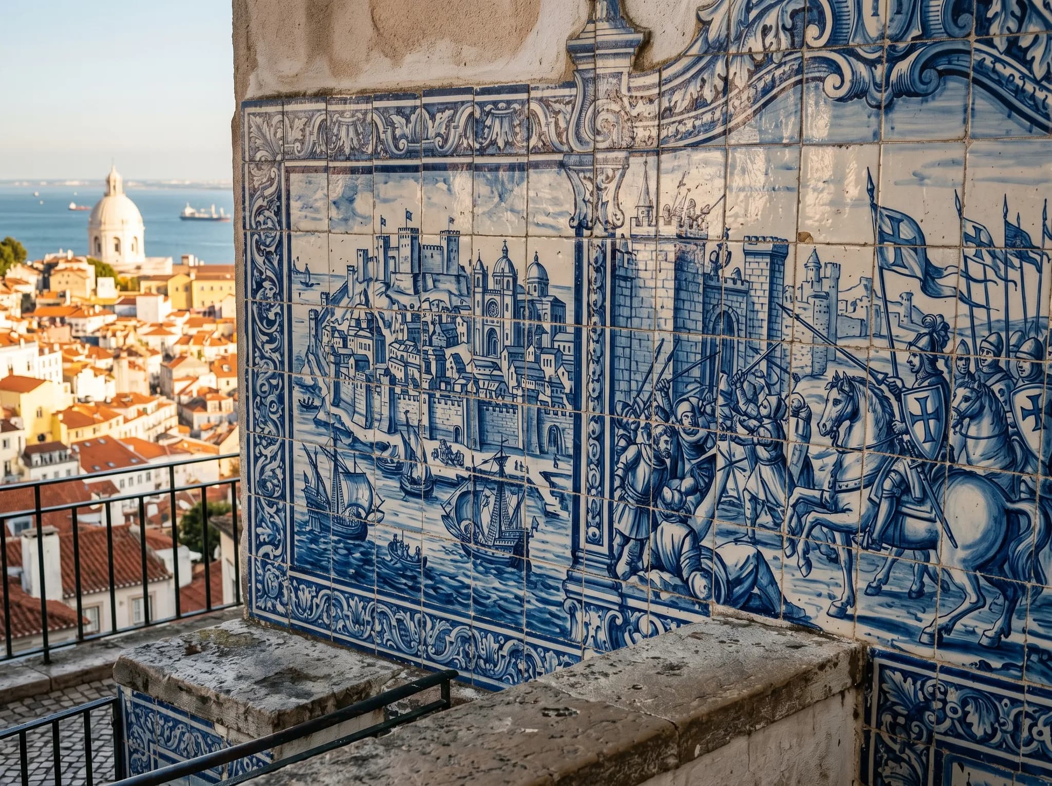 Decorative azulejo tile panels at Portas do Sol showing historic Lisbon scenes