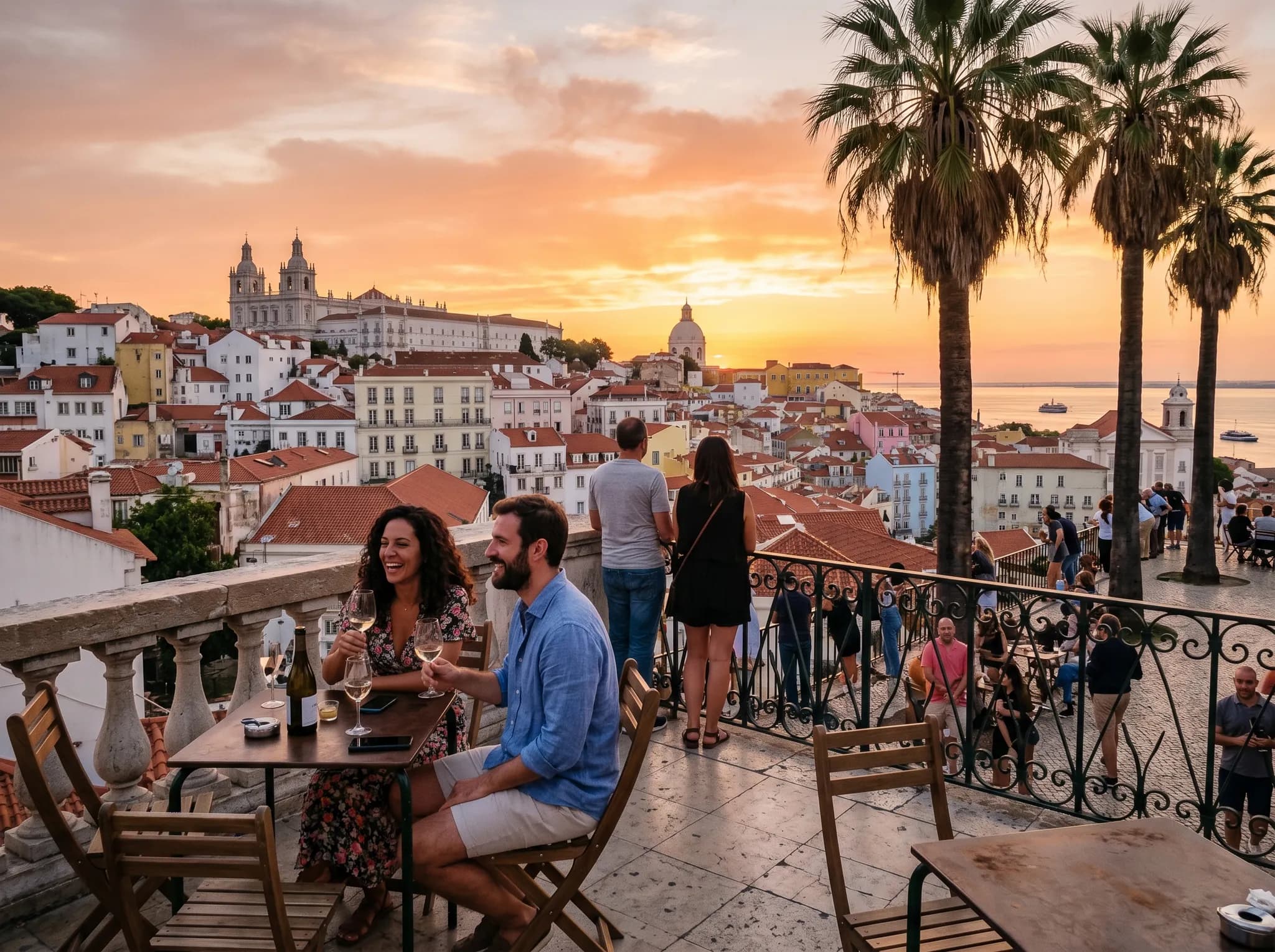 Visitors enjoying sunset at Portas do Sol terrace with palm trees