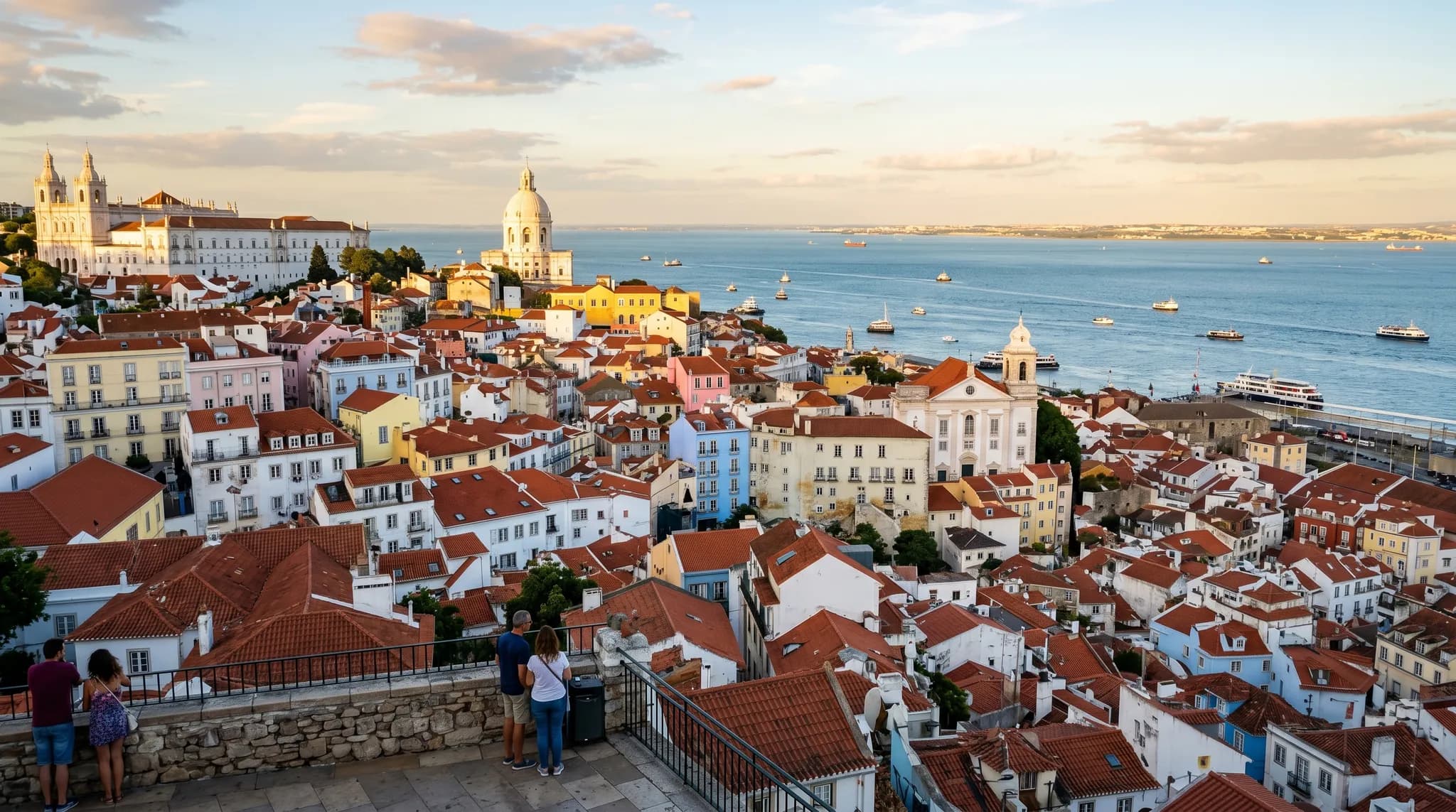Panoramic view of Alfama's red-tiled rooftops from Miradouro das Portas do Sol with Tagus River and National Pantheon