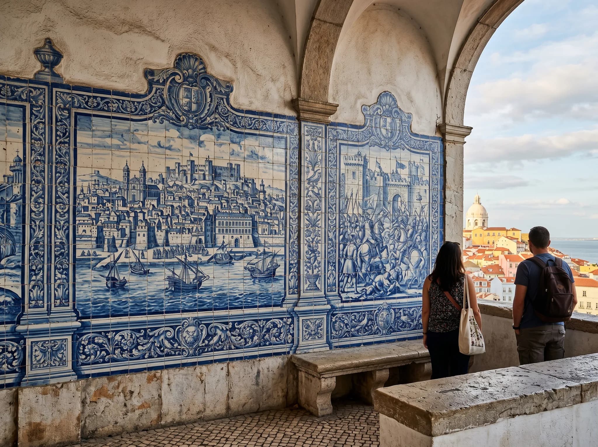 Historic azulejo tile panels showing pre-earthquake Lisbon and 1147 reconquest