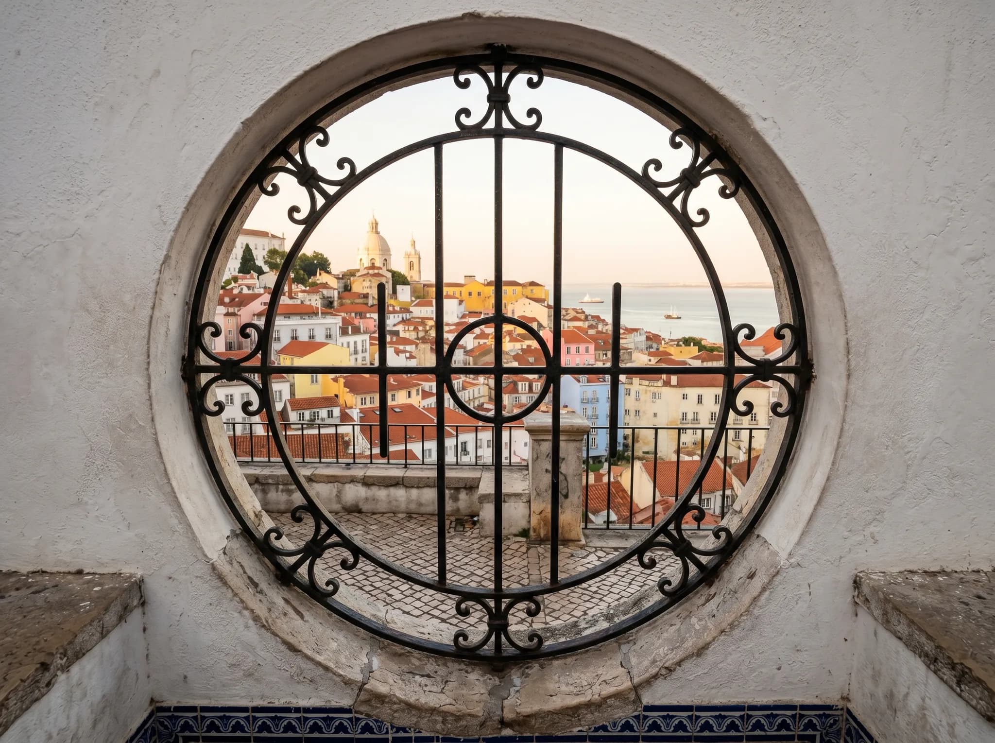 Lower terrace circular iron windows framing Alfama views