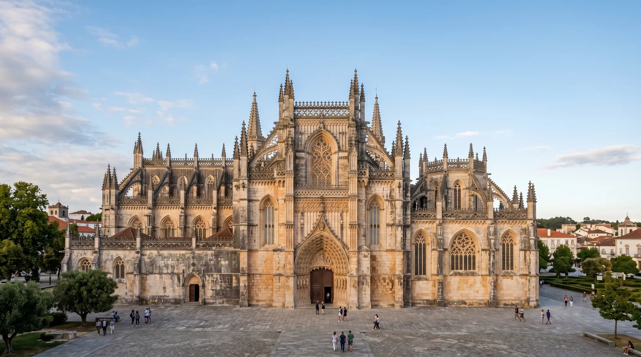Batalha Monastery facade with Gothic spires and flying buttresses