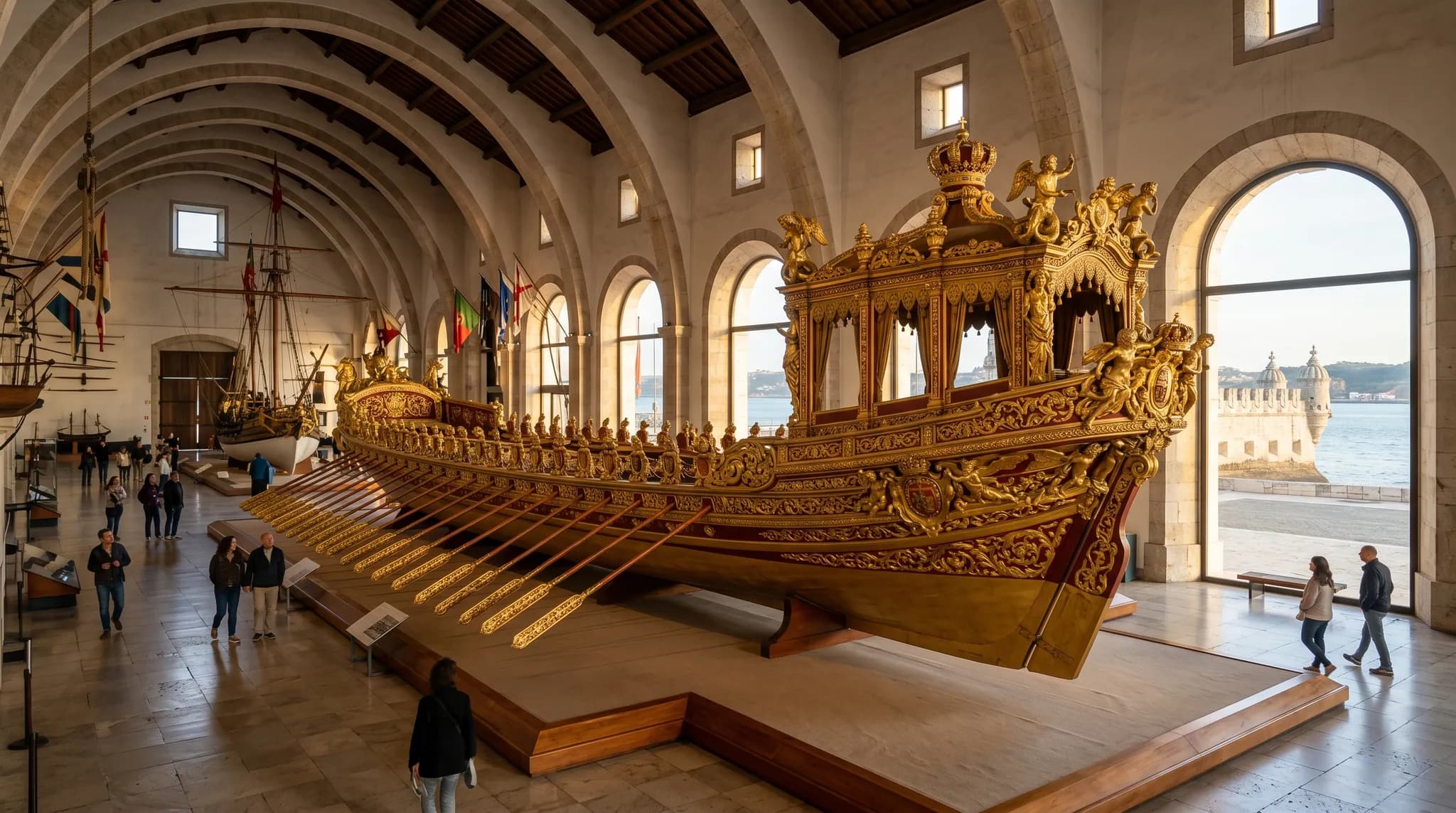 Ornate royal barge on display at the Maritime Museum Lisbon
