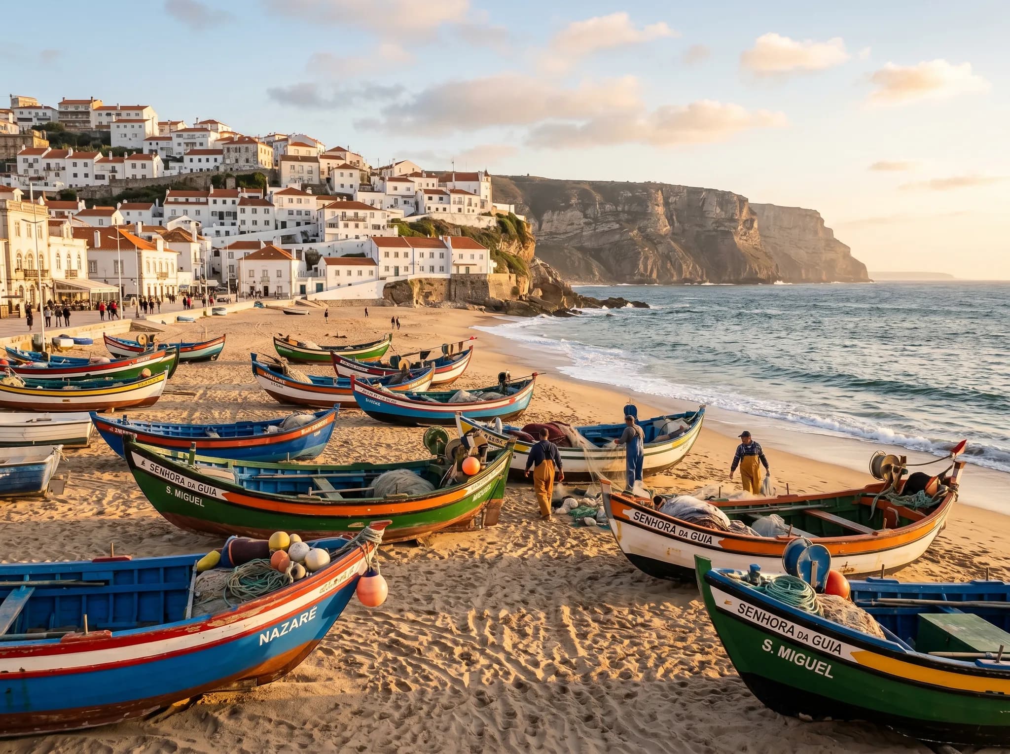 Praia da Nazaré beach with colorful fishing boats and traditional houses