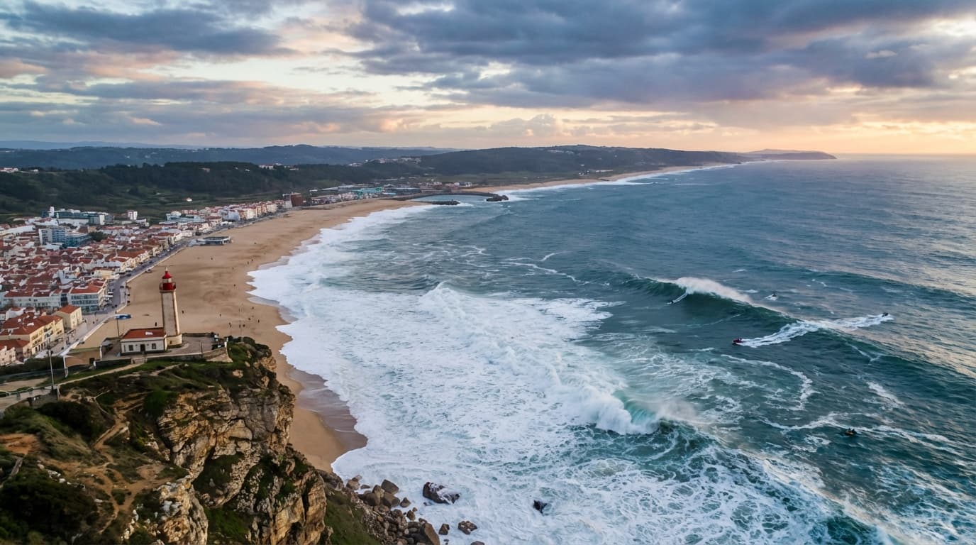 Massive wave breaking at Praia do Norte in Nazaré with surfer