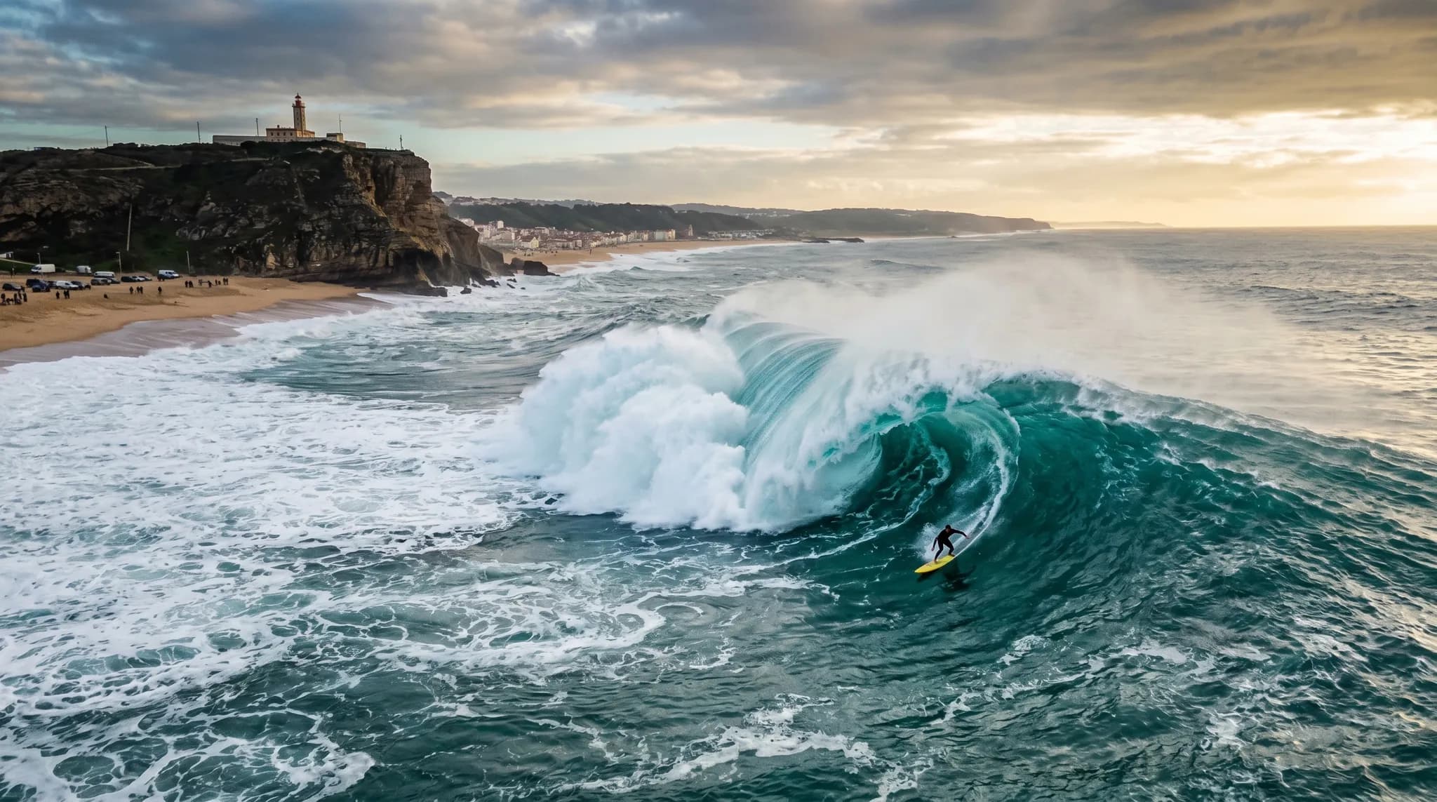Massive wave breaking at Praia do Norte in Nazaré with surfer