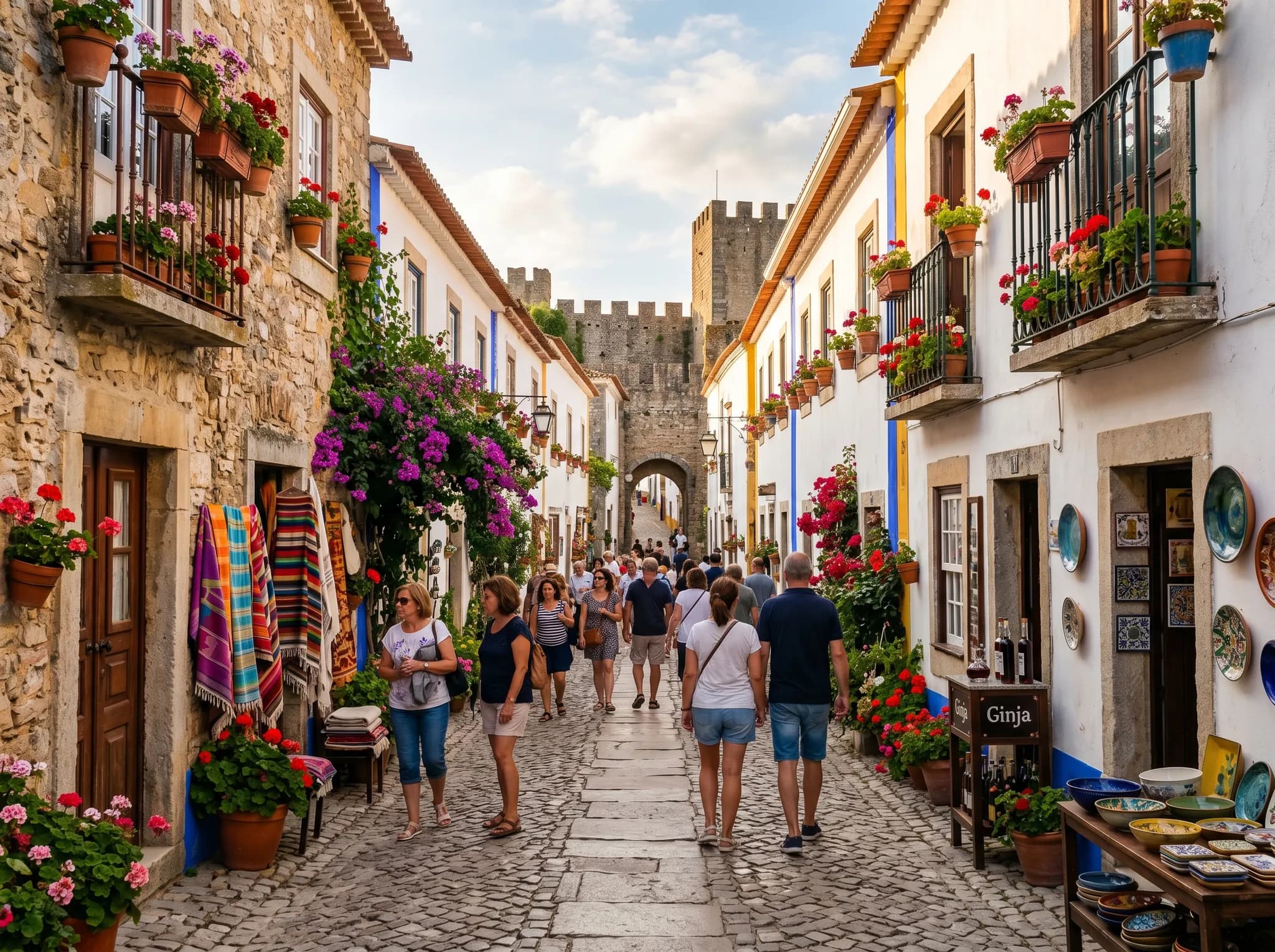 Colorful Rua Direita main street in Óbidos with shops and flowers