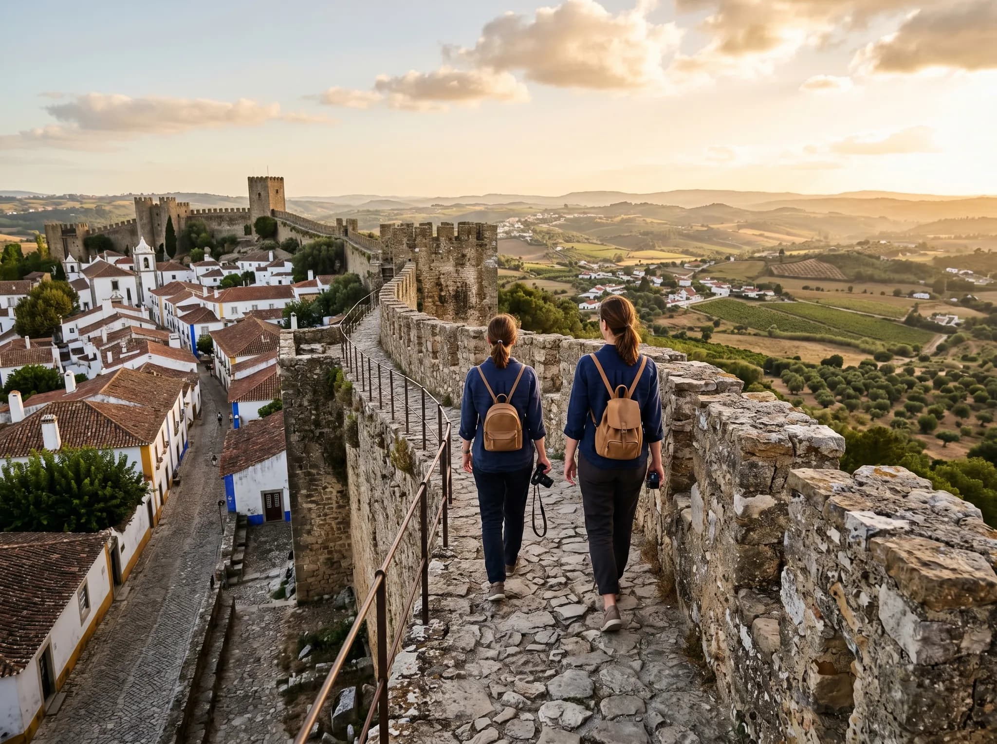 Óbidos castle walls walkway with panoramic countryside views