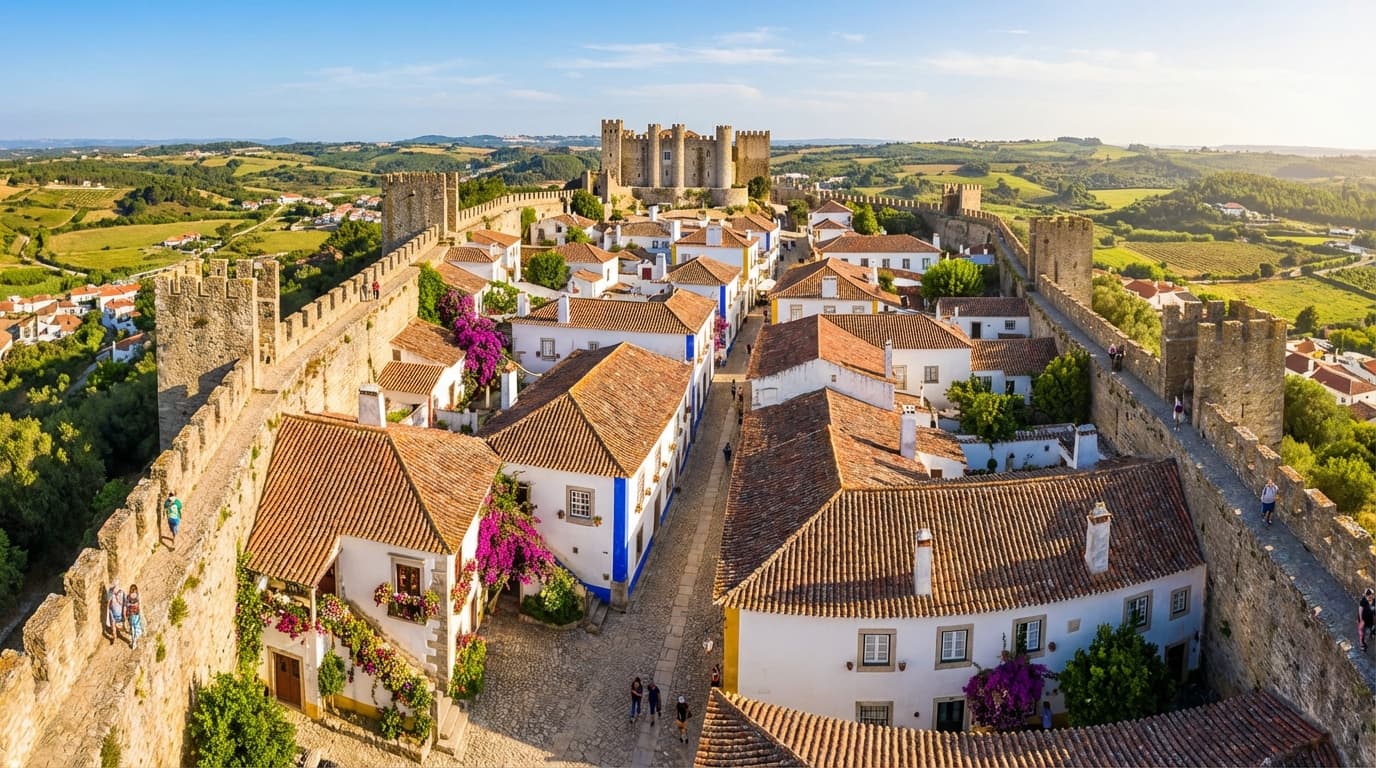 Aerial view of Óbidos medieval walled town with white houses and castle