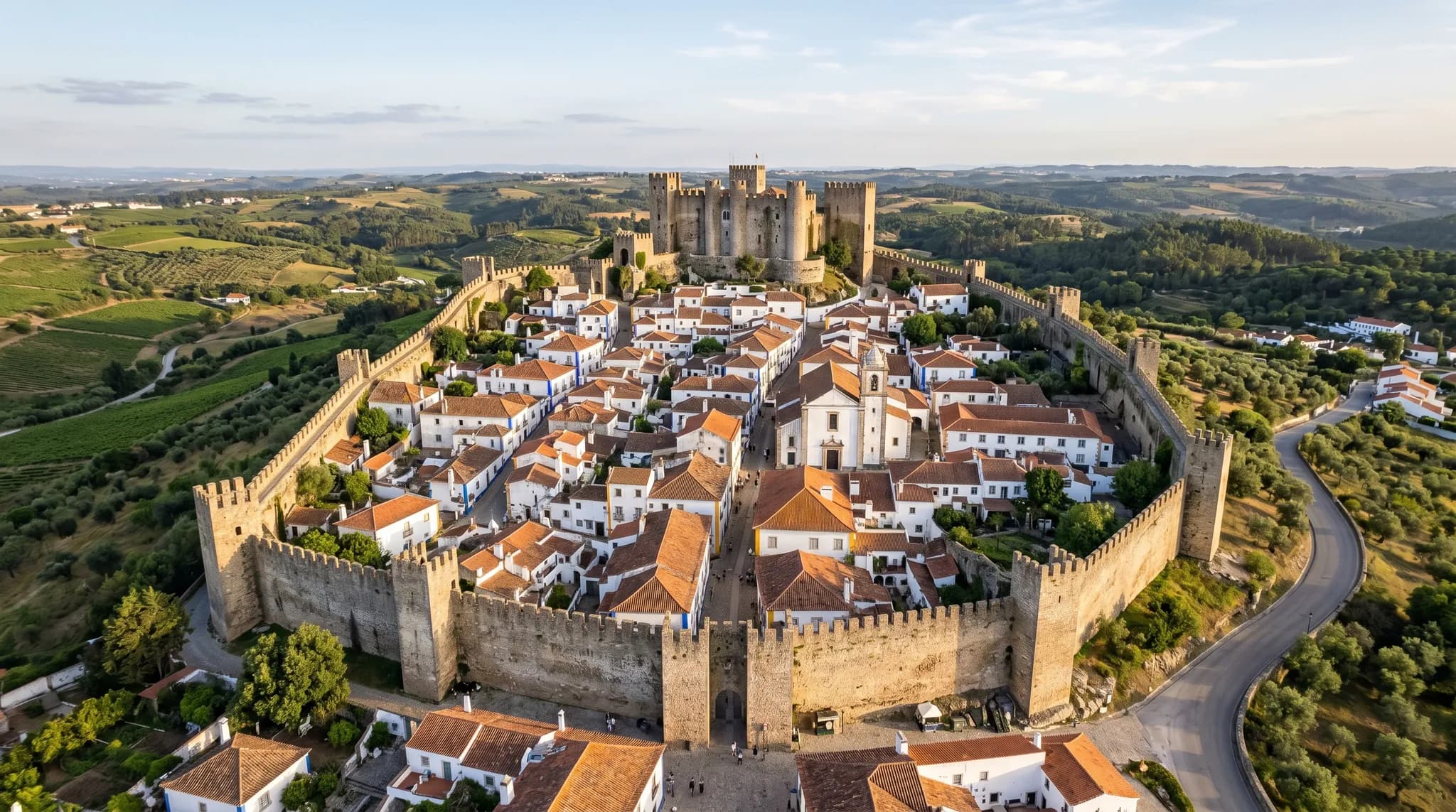 Aerial view of Óbidos medieval walled town with white houses and castle