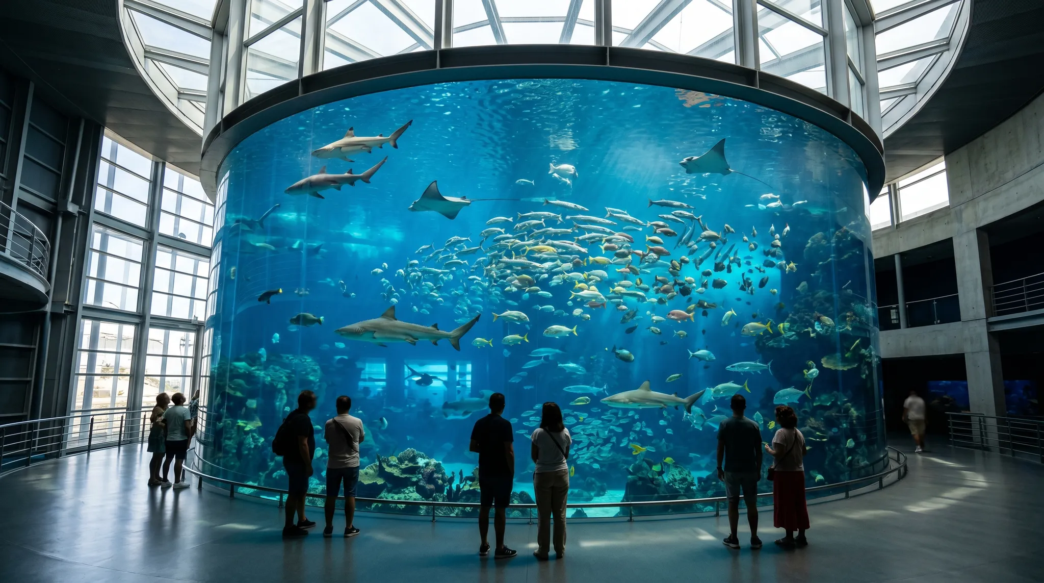 Main central tank at Oceanário de Lisboa with diverse marine life