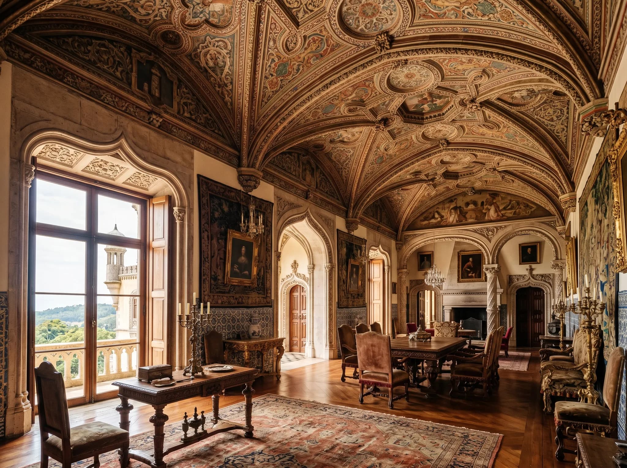 Ornate interior hall of Palácio da Pena with decorative ceiling