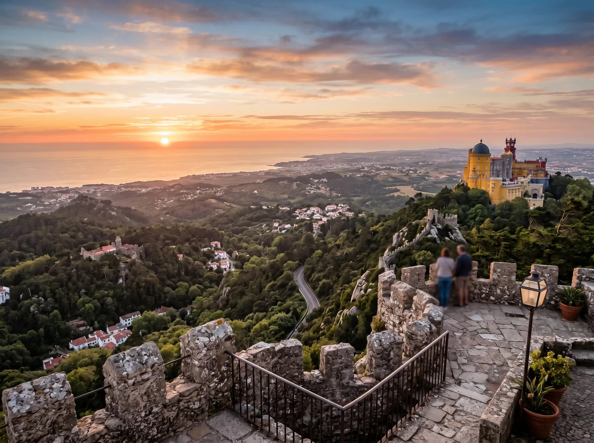 Sunset view from palace ramparts over Sintra landscape