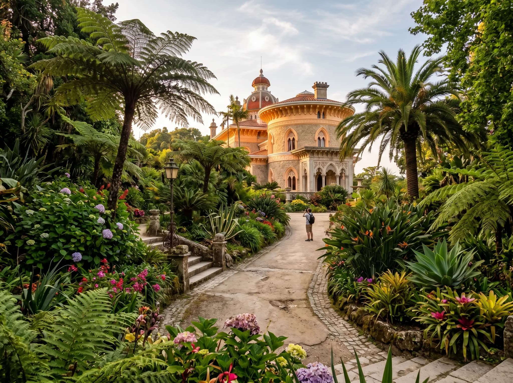 Lush botanical gardens with exotic plants and pathways