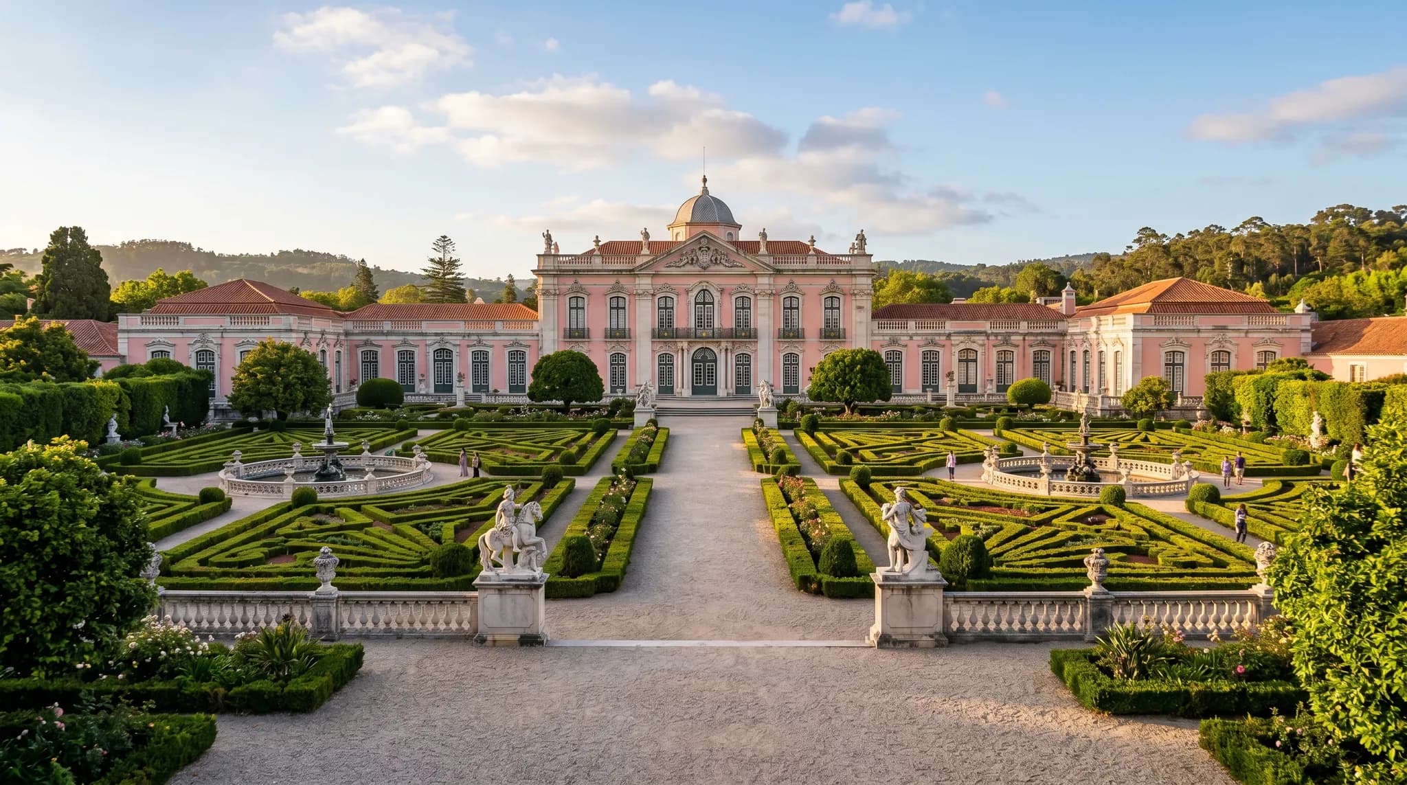 Palácio Nacional de Queluz pink facade with formal gardens