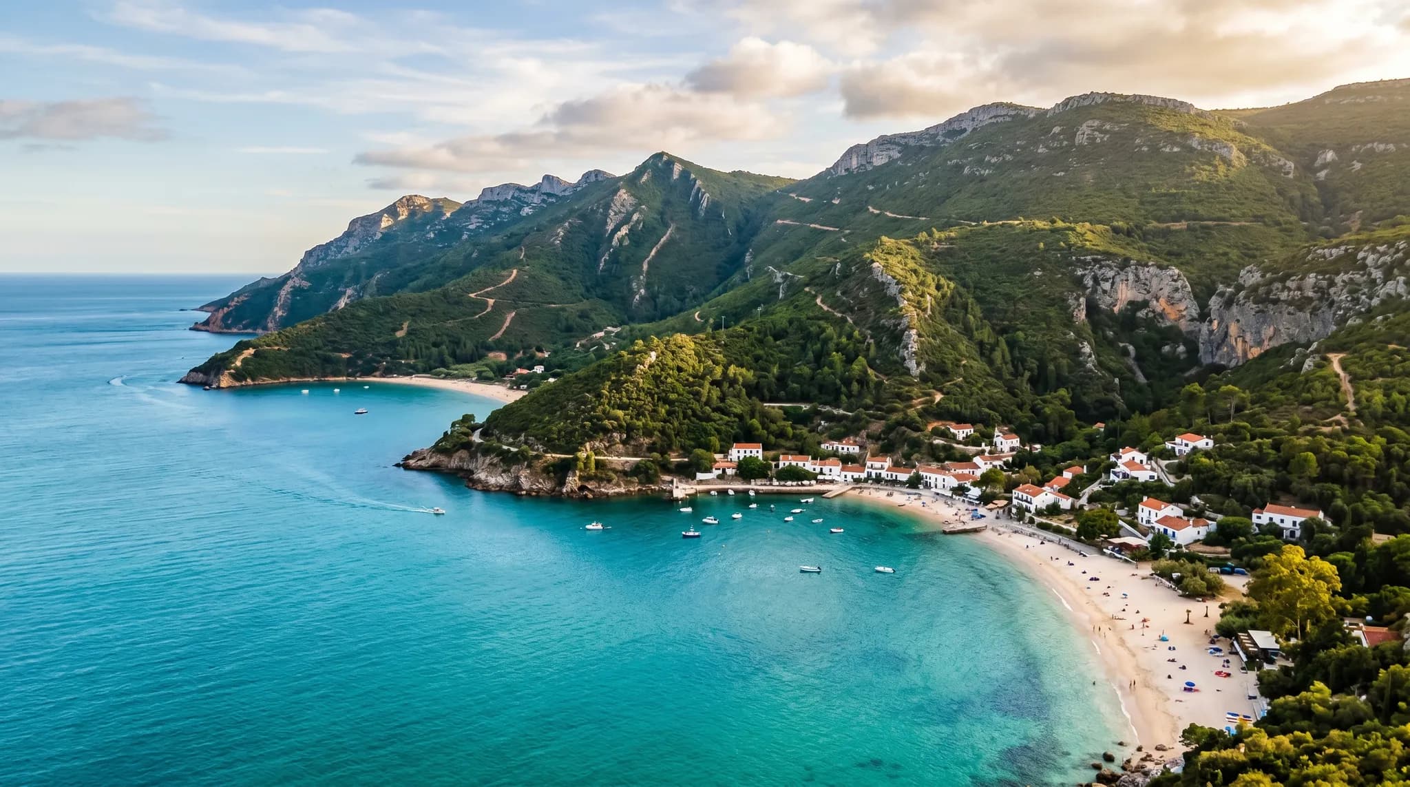 Turquoise waters of Portinho da Arrábida beach with Serra da Arrábida mountains