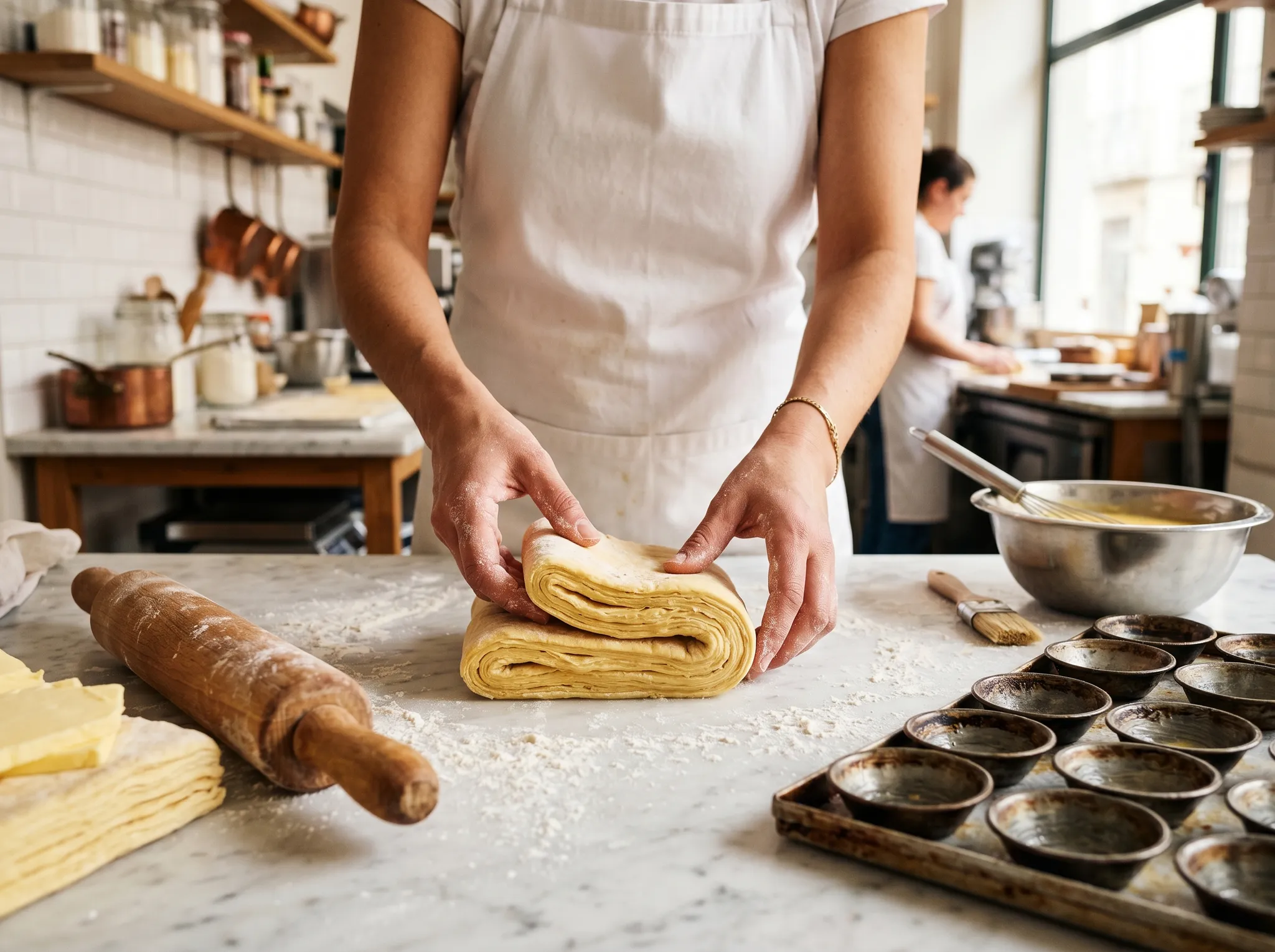 Chef demonstrating traditional puff pastry lamination technique