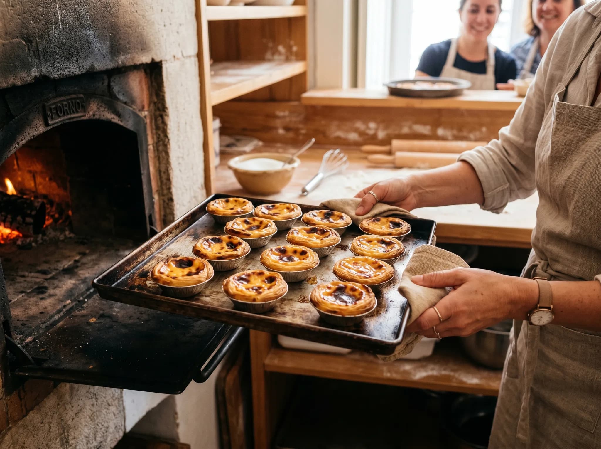 Golden freshly-baked pastel de nata emerging from oven